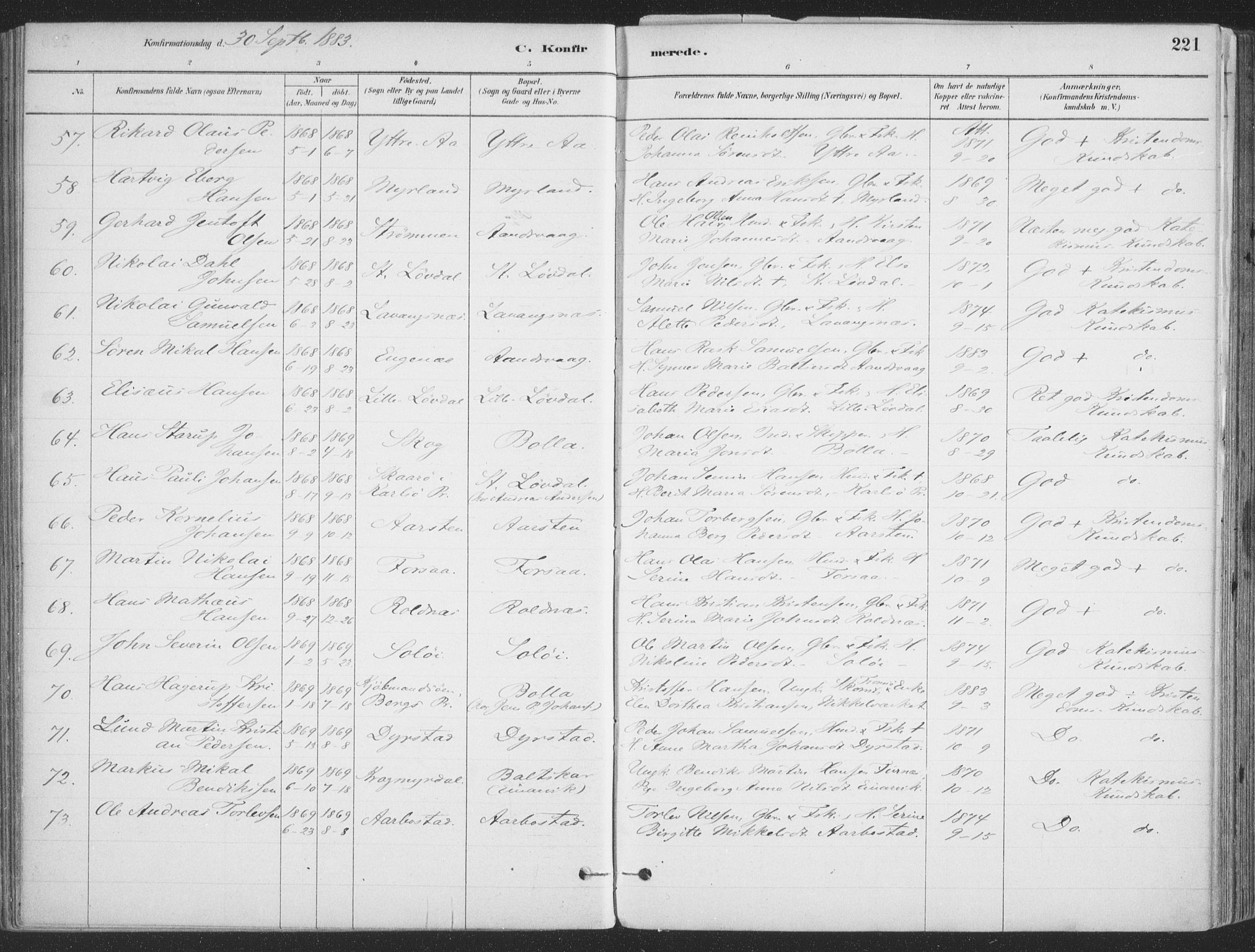 Ibestad sokneprestembete, SATØ/S-0077/H/Ha/Haa/L0011kirke: Parish register (official) no. 11, 1880-1889, p. 221