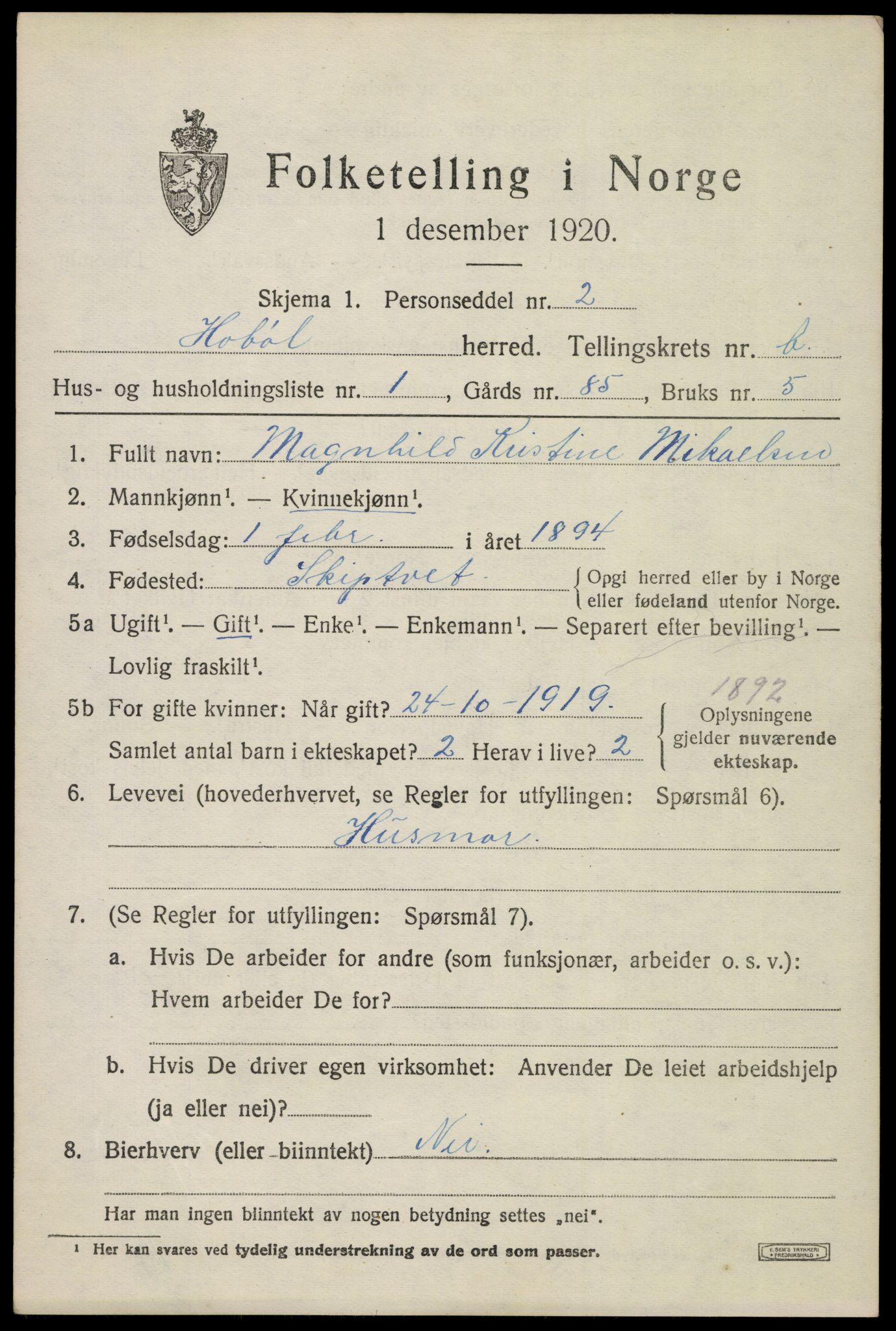 SAO, 1920 census for Hobøl, 1920, p. 1366