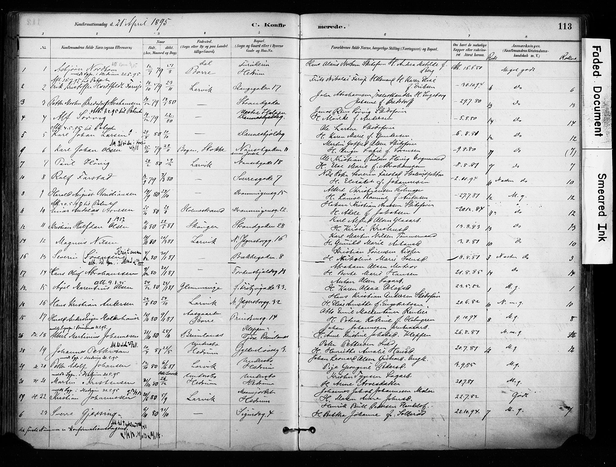 Larvik kirkebøker, SAKO/A-352/F/Fa/L0008: Parish register (official) no. I 8, 1884-1902, p. 113