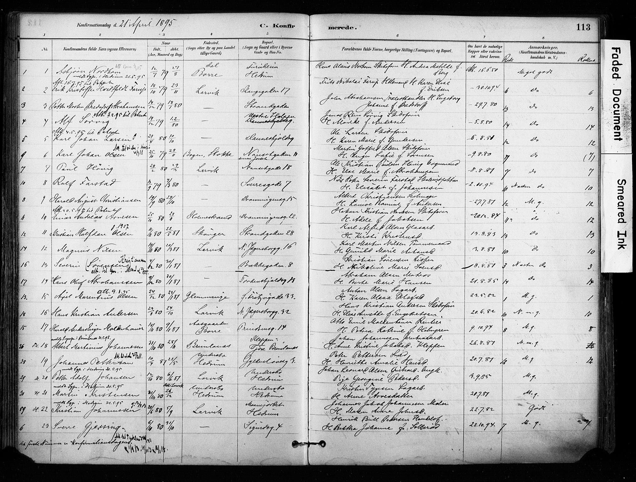 Larvik kirkebøker, AV/SAKO-A-352/F/Fa/L0008: Parish register (official) no. I 8, 1884-1902, p. 113