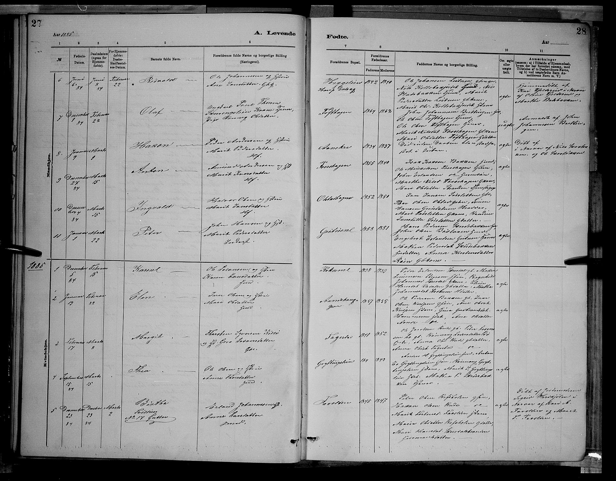 Sør-Fron prestekontor, SAH/PREST-010/H/Ha/Hab/L0003: Parish register (copy) no. 3, 1884-1896, p. 27-28