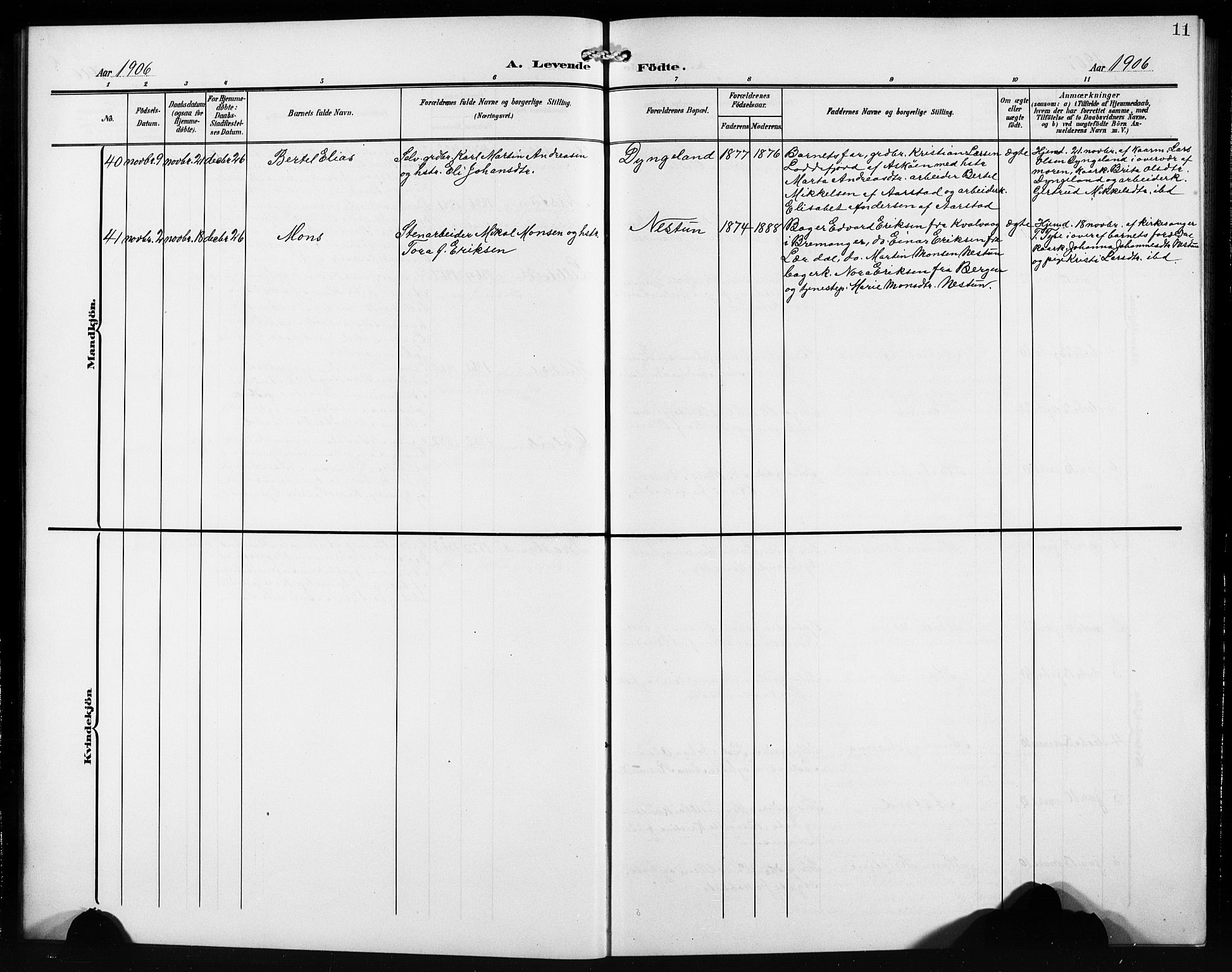 Birkeland Sokneprestembete, AV/SAB-A-74601/H/Hab: Parish register (copy) no. A 6, 1906-1915, p. 11