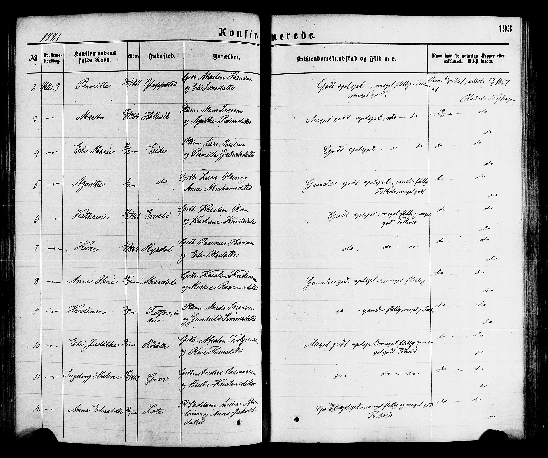 Gloppen sokneprestembete, AV/SAB-A-80101/H/Haa/Haaa/L0010: Parish register (official) no. A 10, 1871-1884, p. 193