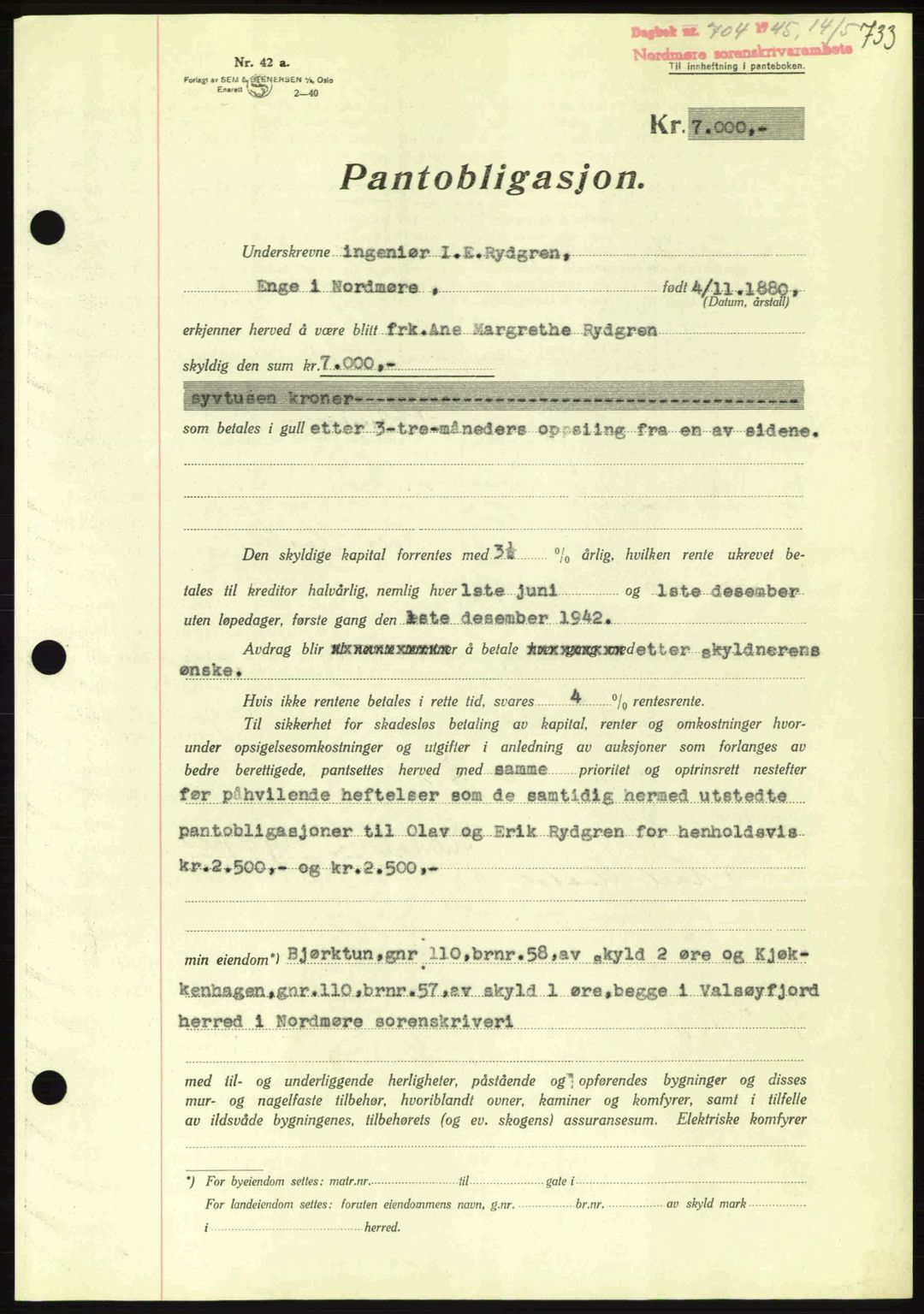 Nordmøre sorenskriveri, AV/SAT-A-4132/1/2/2Ca: Mortgage book no. B92, 1944-1945, Diary no: : 704/1945