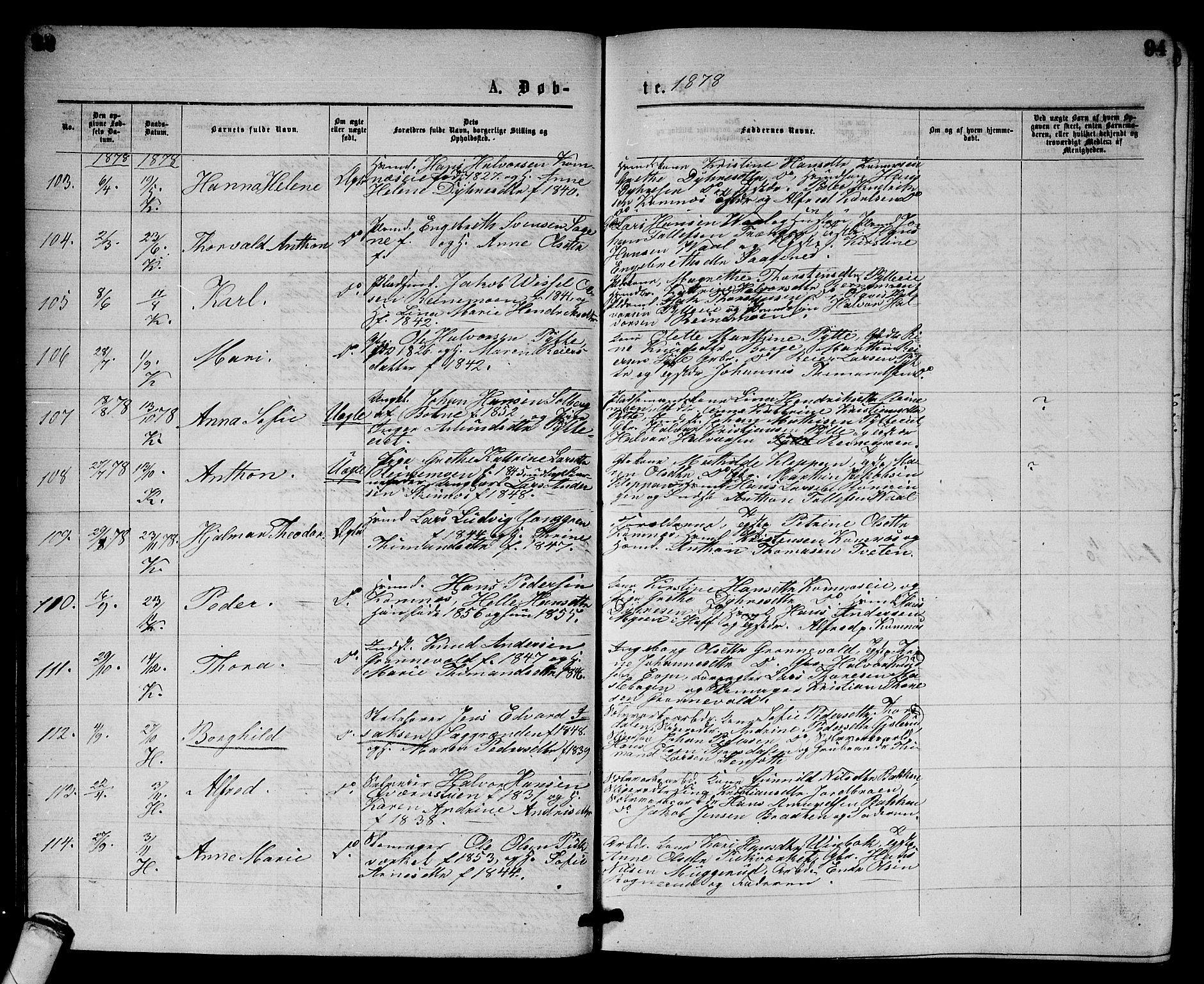 Sandsvær kirkebøker, SAKO/A-244/G/Gb/L0001: Parish register (copy) no. II 1, 1874-1885, p. 93-94