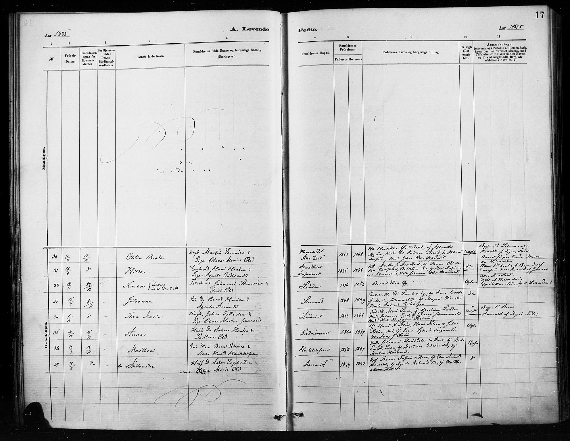 Nordre Land prestekontor, AV/SAH-PREST-124/H/Ha/Haa/L0004: Parish register (official) no. 4, 1882-1896, p. 17