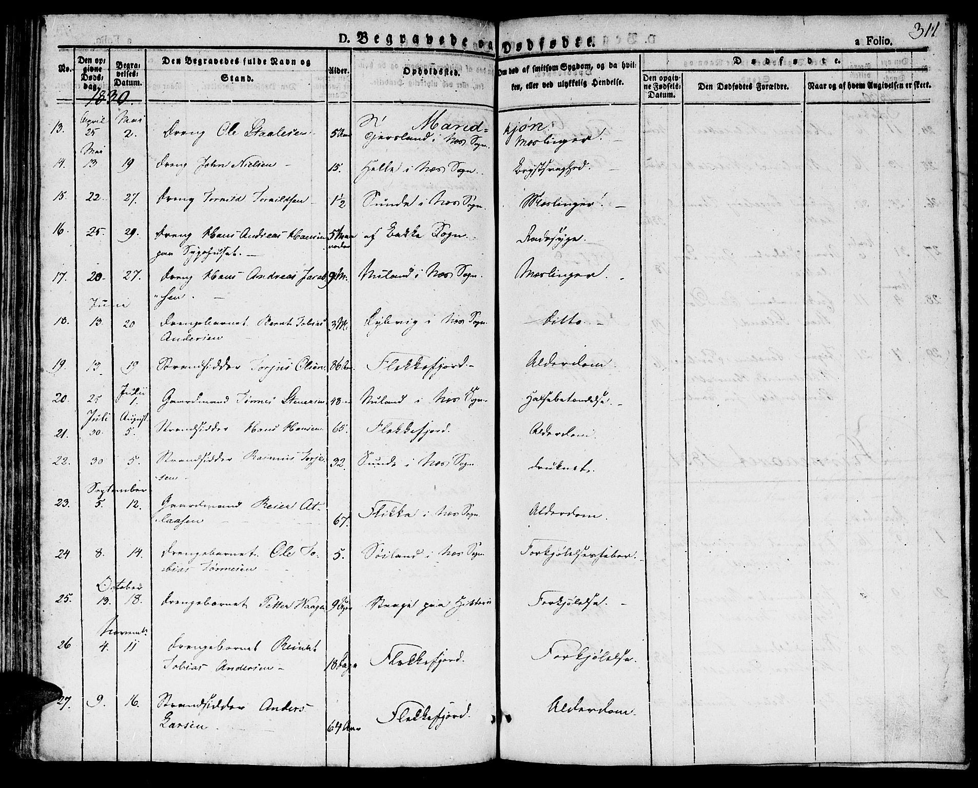 Flekkefjord sokneprestkontor, SAK/1111-0012/F/Fb/Fbc/L0004: Parish register (copy) no. B 4, 1827-1846, p. 311