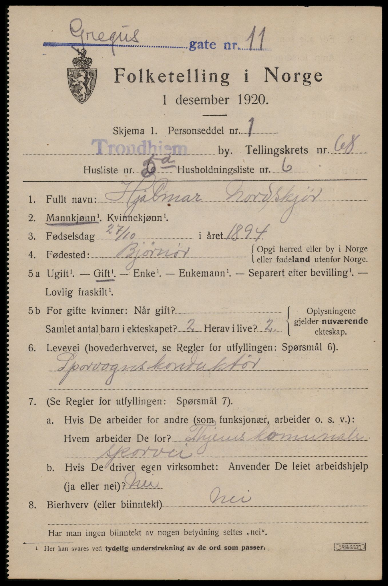 SAT, 1920 census for Trondheim, 1920, p. 134356