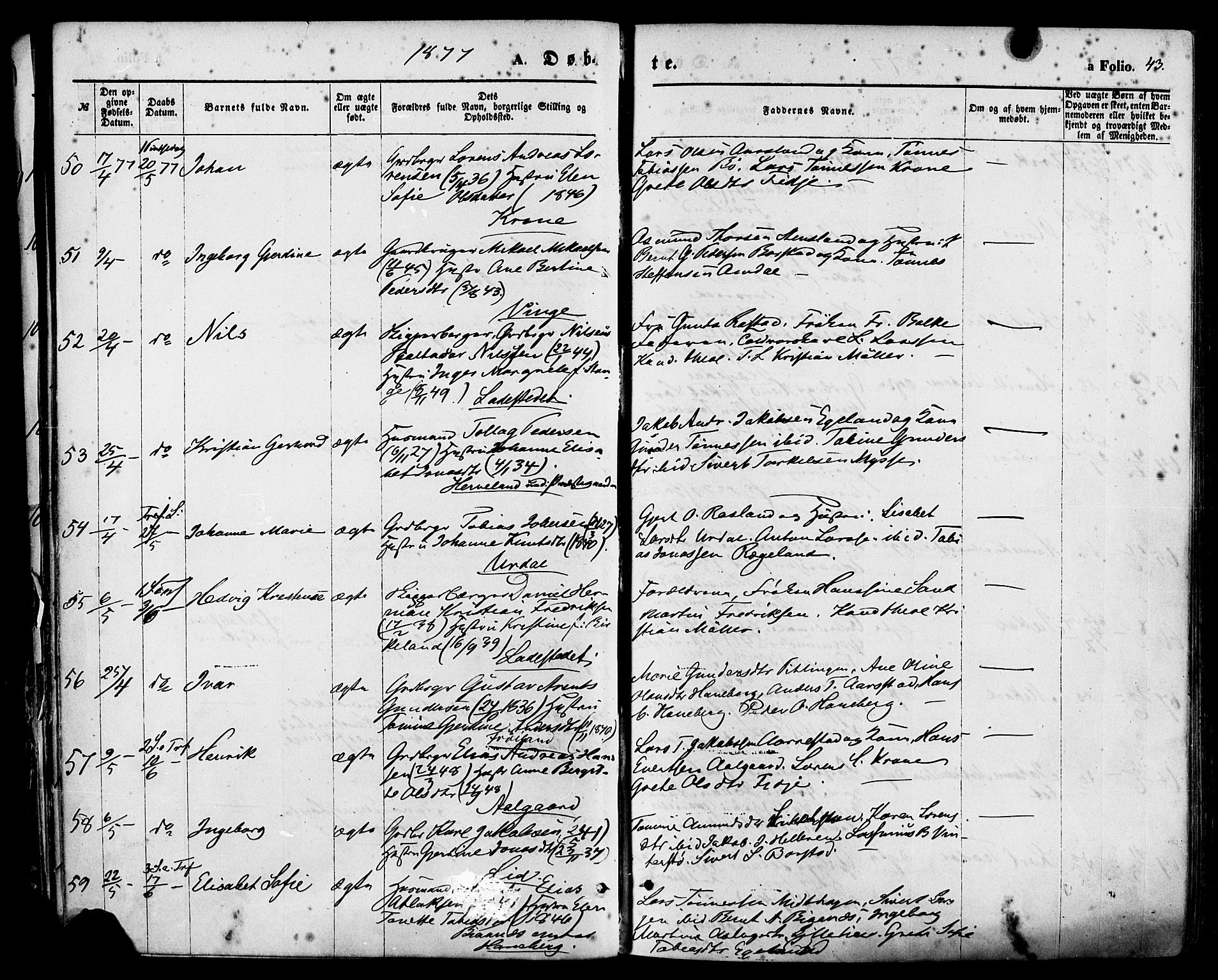 Sokndal sokneprestkontor, AV/SAST-A-101808: Parish register (official) no. A 10, 1874-1886, p. 43