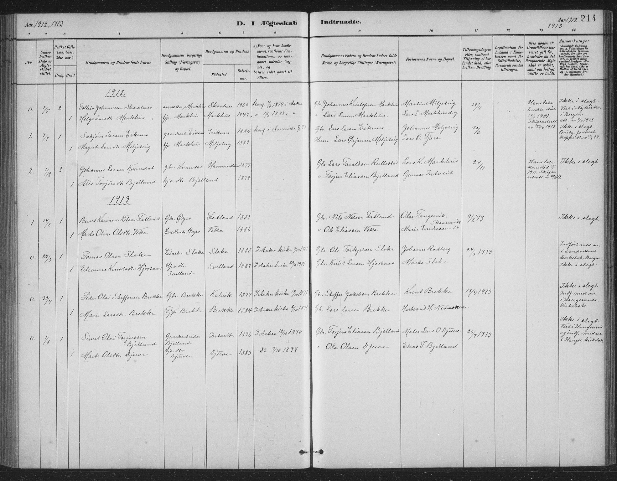 Skånevik sokneprestembete, SAB/A-77801/H/Hab: Parish register (copy) no. B 2, 1881-1920, p. 214