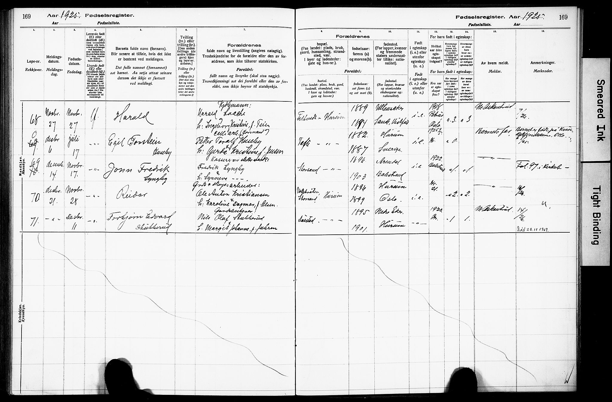 Hurum kirkebøker, AV/SAKO-A-229/J/Ja/L0001: Birth register no. 1, 1916-1928, p. 169