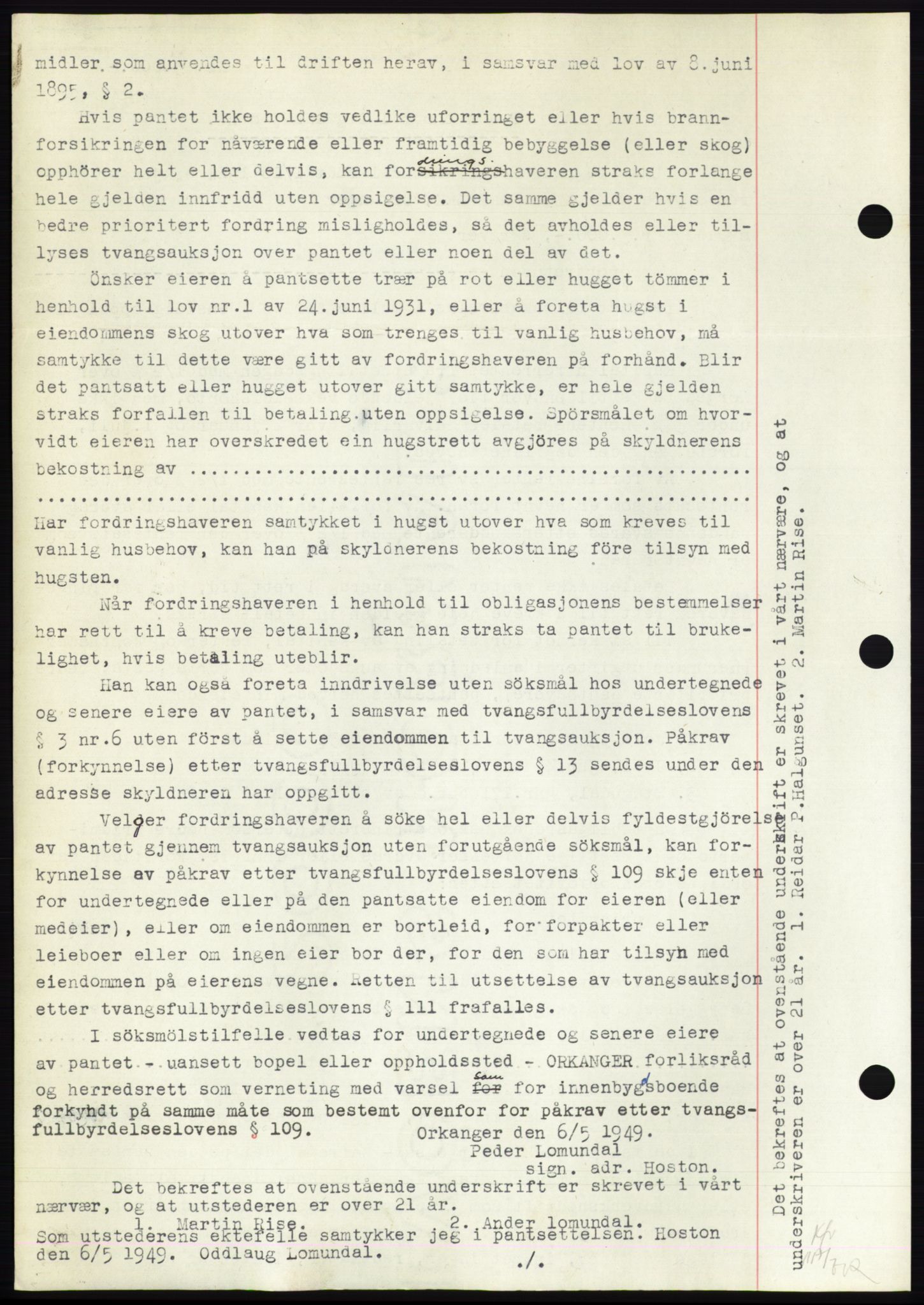 Nordmøre sorenskriveri, AV/SAT-A-4132/1/2/2Ca: Mortgage book no. B102, 1949-1949, Diary no: : 2043/1949