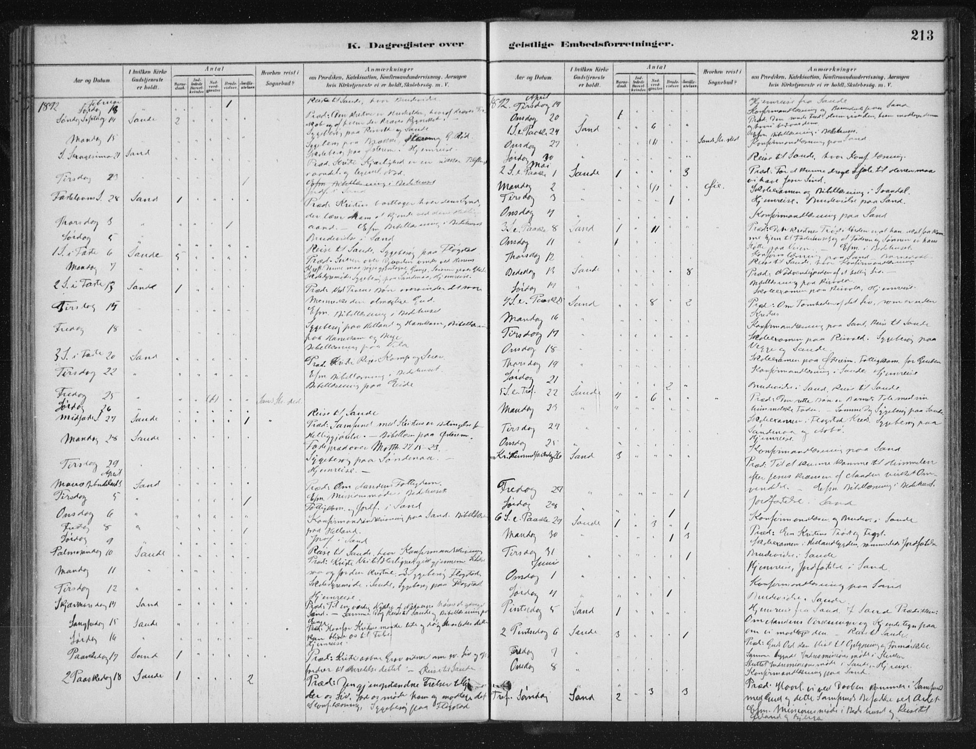 Sand sokneprestkontor, AV/SAST-A-101848/01/III/L0005: Parish register (official) no. A 5, 1880-1898, p. 213