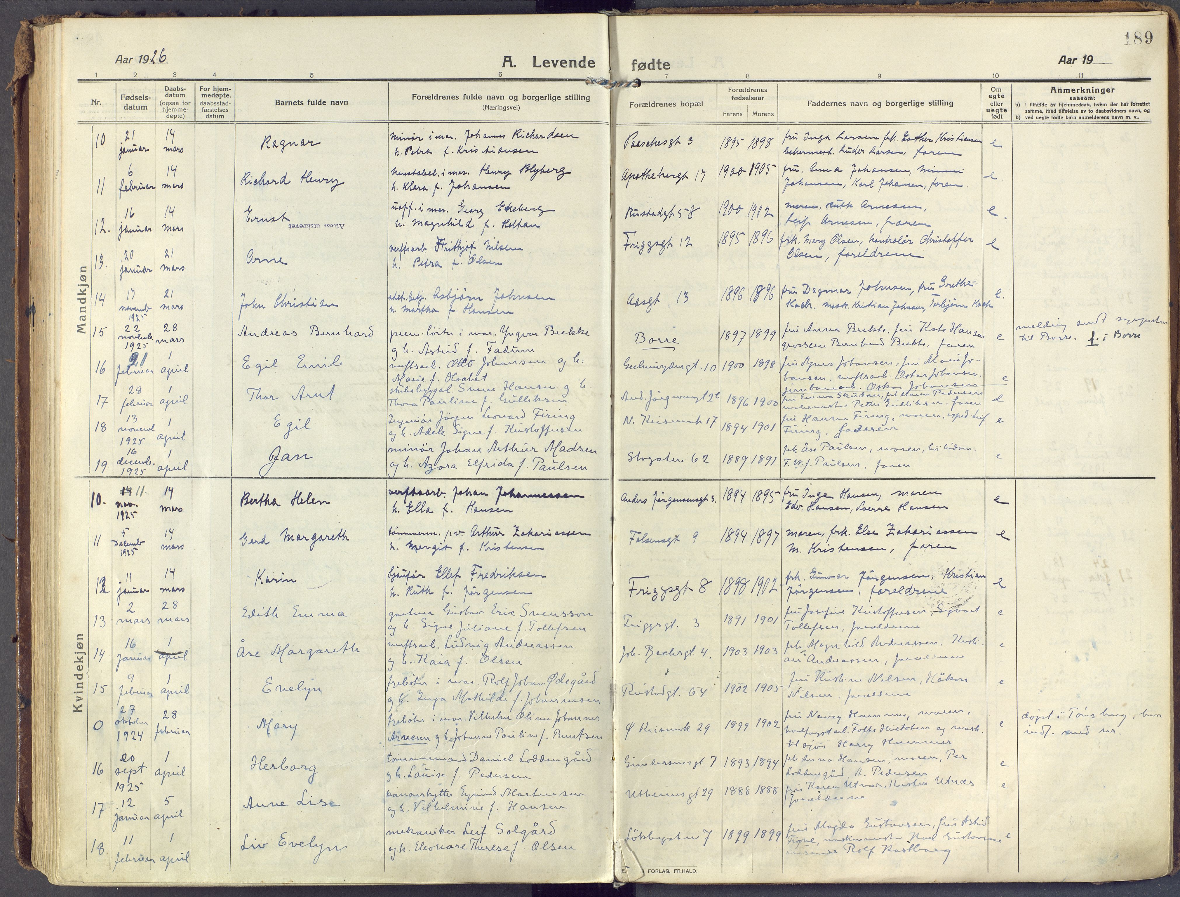 Horten kirkebøker, SAKO/A-348/F/Fa/L0012: Parish register (official) no. 12, 1913-1926, p. 189