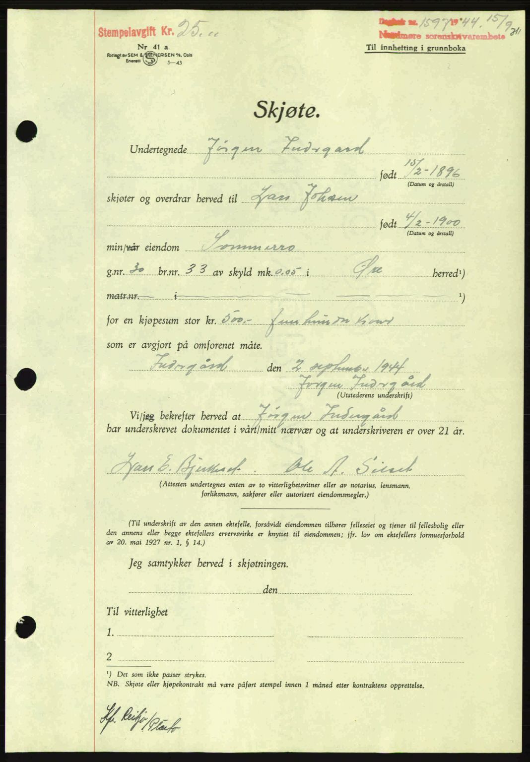 Nordmøre sorenskriveri, AV/SAT-A-4132/1/2/2Ca: Mortgage book no. A98, 1944-1944, Diary no: : 1597/1944