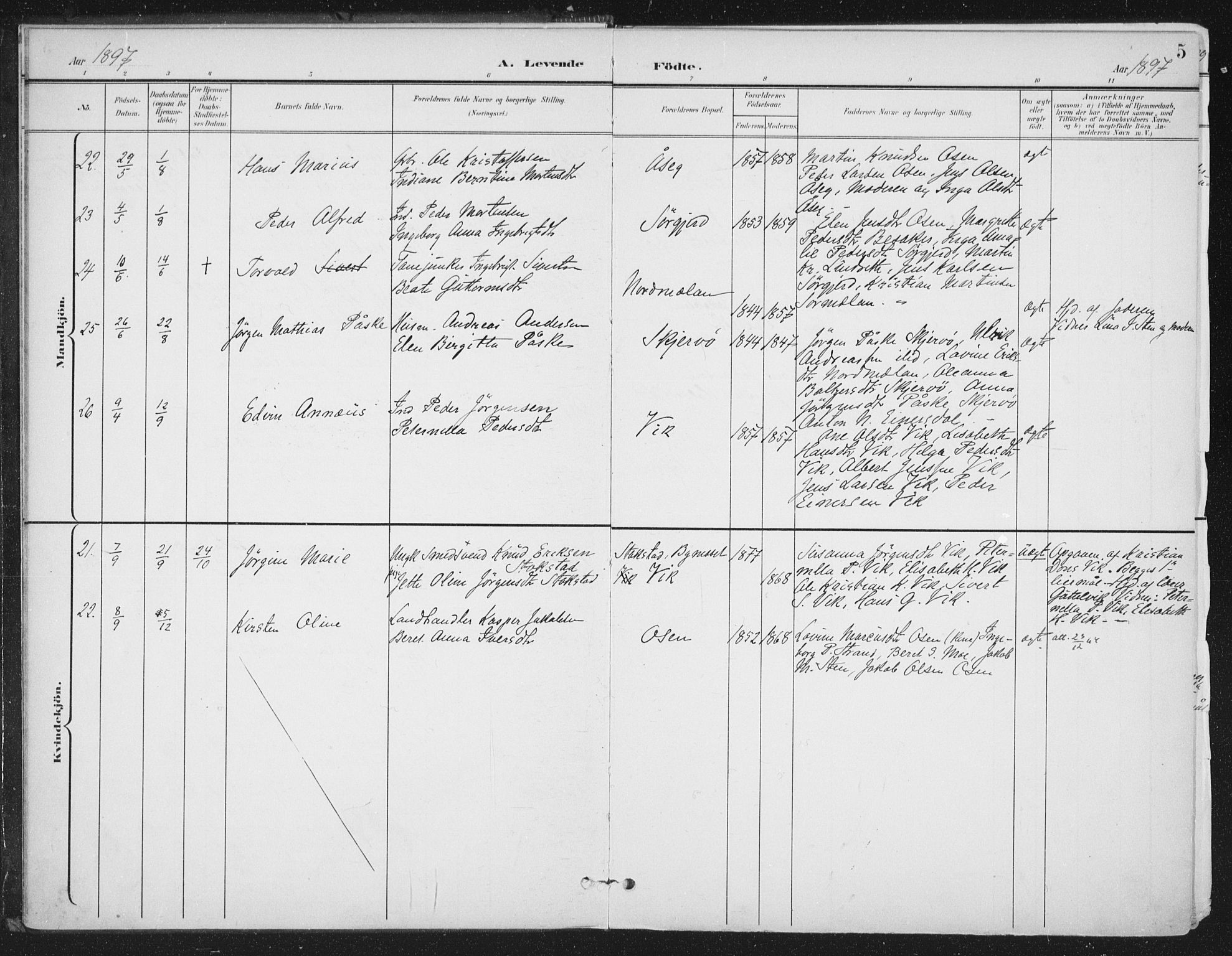 Ministerialprotokoller, klokkerbøker og fødselsregistre - Sør-Trøndelag, AV/SAT-A-1456/658/L0723: Parish register (official) no. 658A02, 1897-1912, p. 5