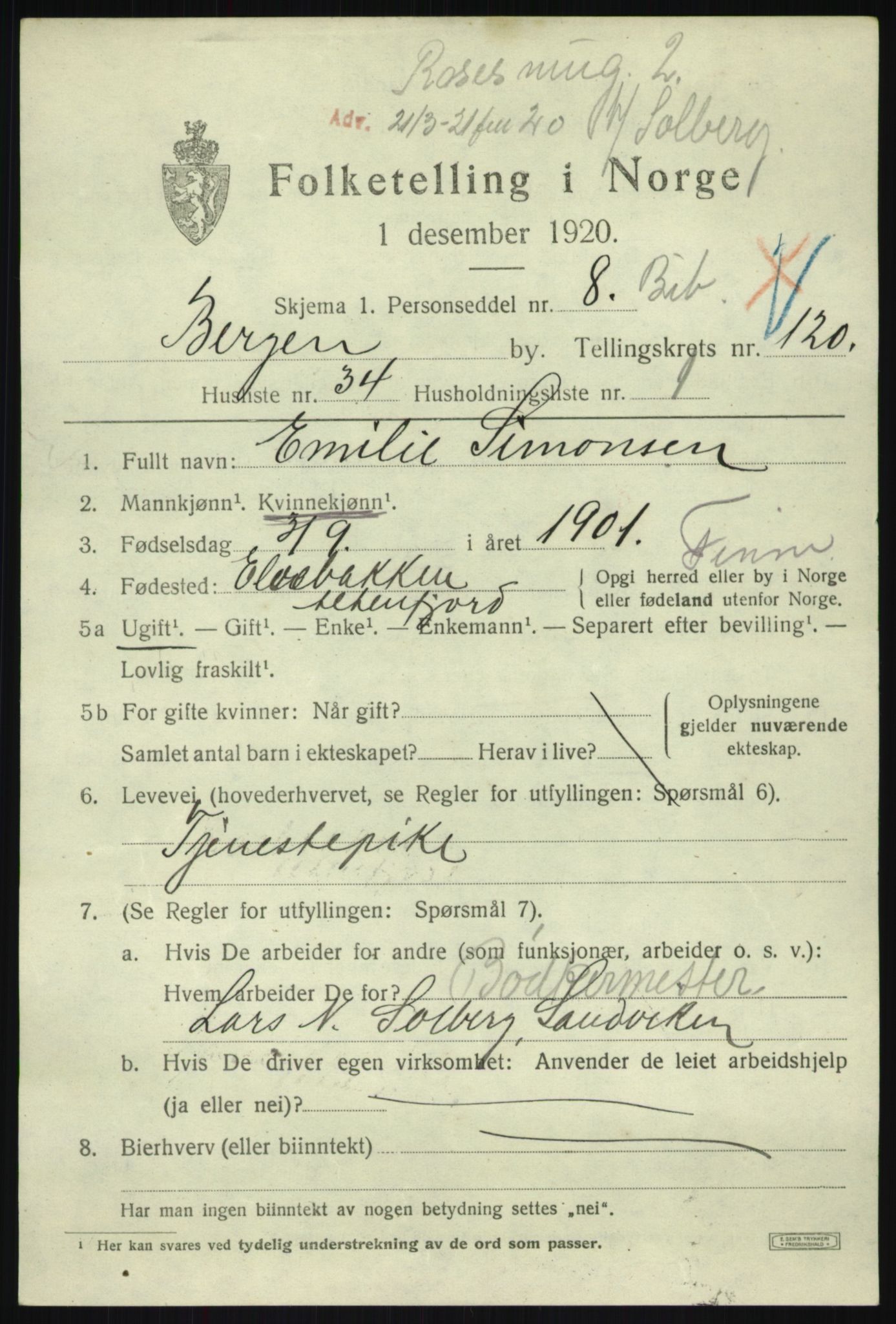 SAB, 1920 census for Bergen, 1920, p. 202012