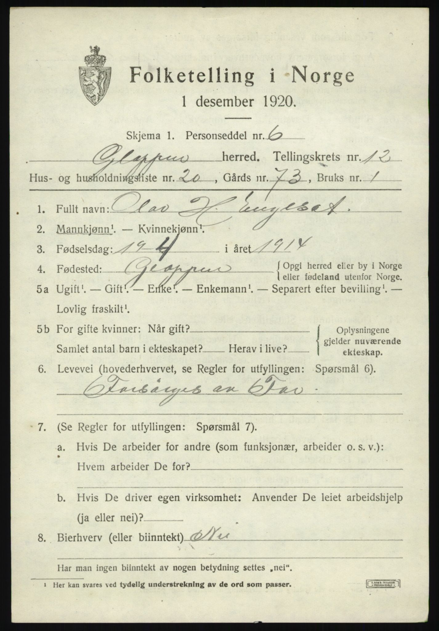 SAB, 1920 census for Gloppen, 1920, p. 6314