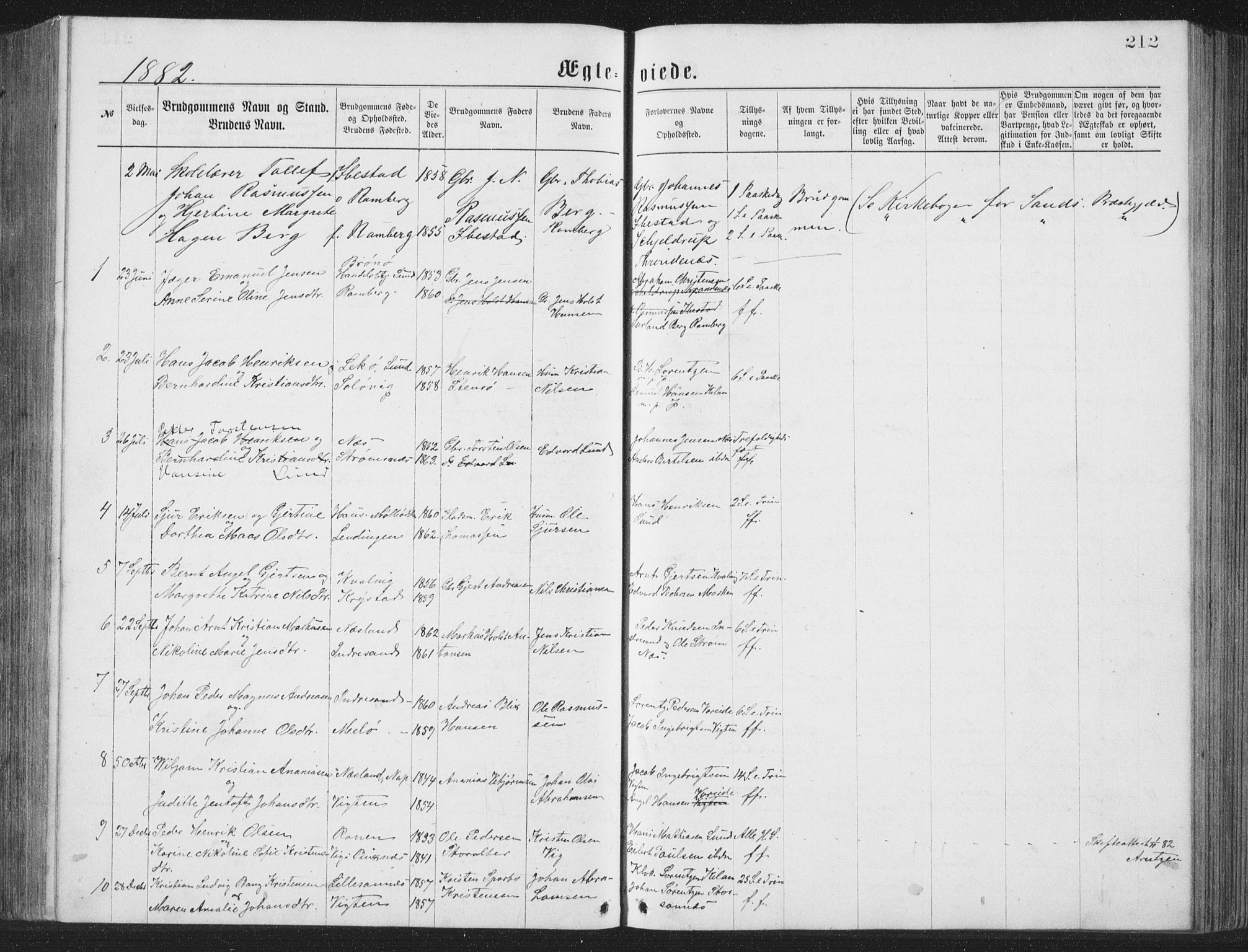 Ministerialprotokoller, klokkerbøker og fødselsregistre - Nordland, AV/SAT-A-1459/885/L1213: Parish register (copy) no. 885C02, 1874-1892, p. 212