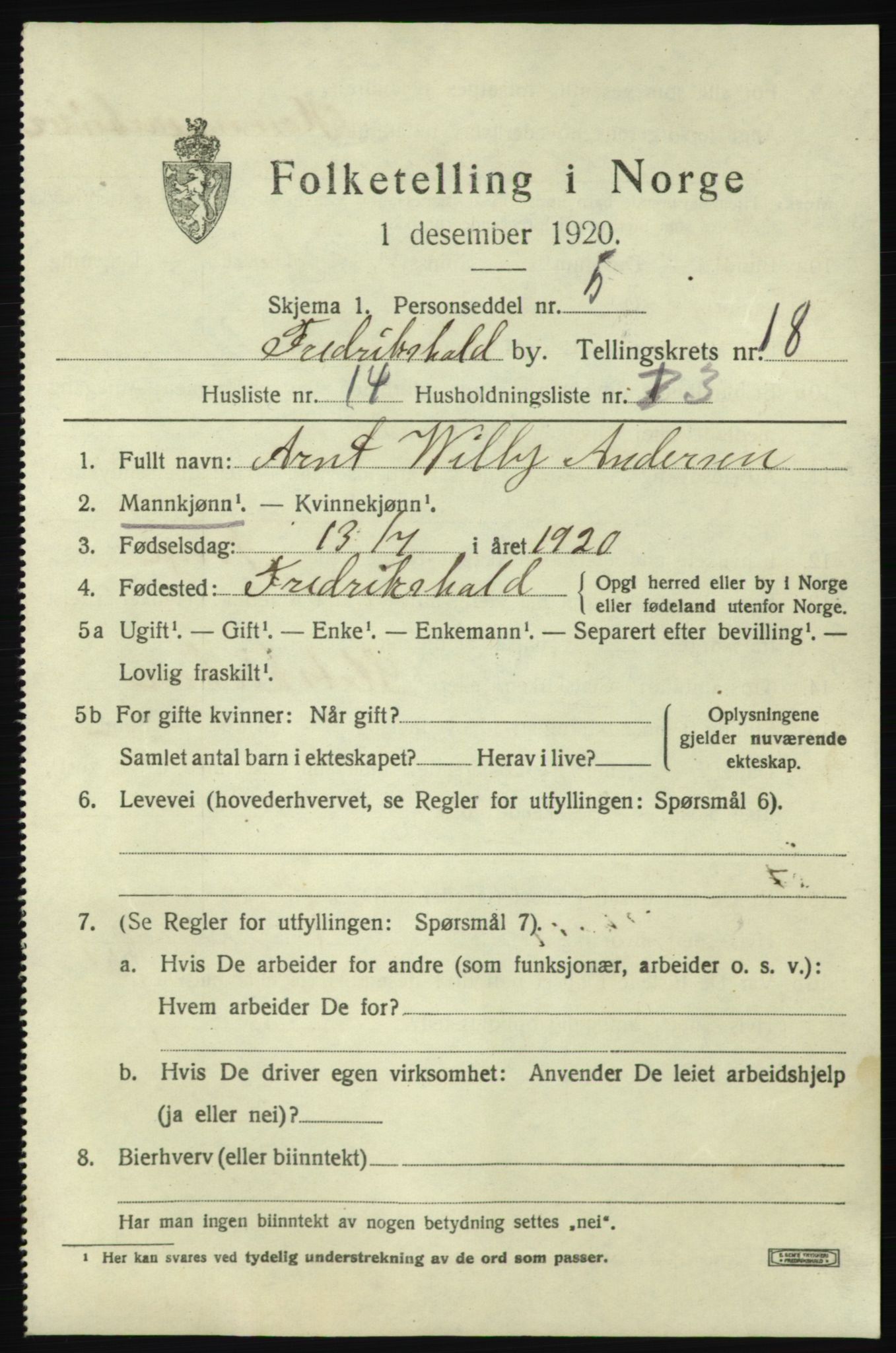 SAO, 1920 census for Fredrikshald, 1920, p. 27425