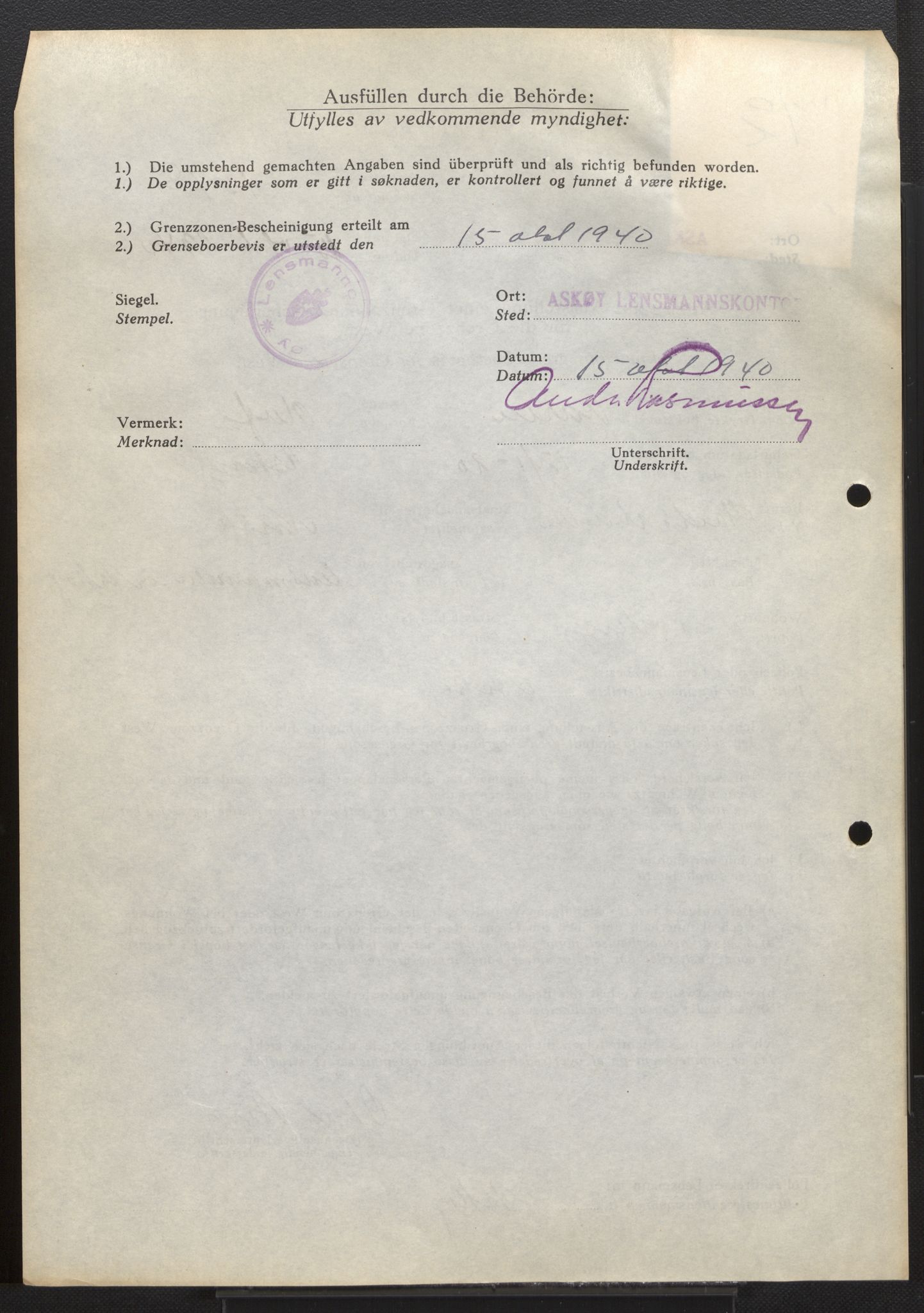Lensmannen i Askøy, AV/SAB-A-31001/0026/L0006: Søknader om grensebuarbevis 1276 - 1700, 1940, p. 6