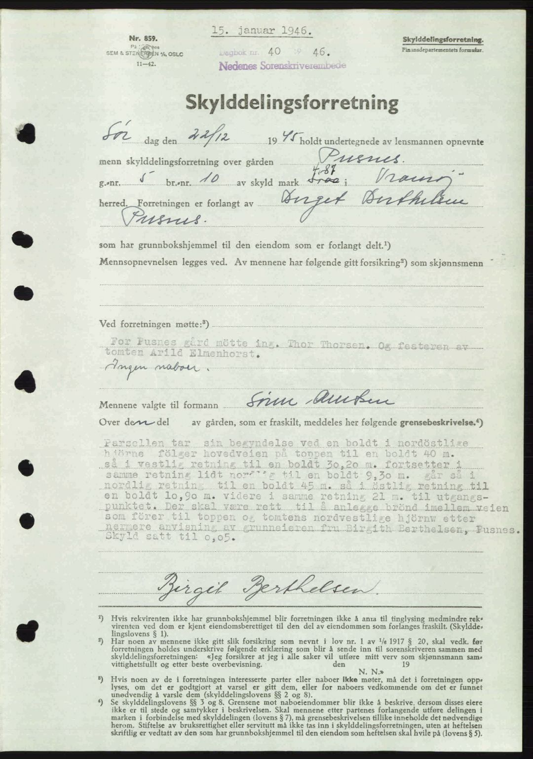 Nedenes sorenskriveri, AV/SAK-1221-0006/G/Gb/Gba/L0054: Mortgage book no. A6c, 1946-1946, Diary no: : 40/1946