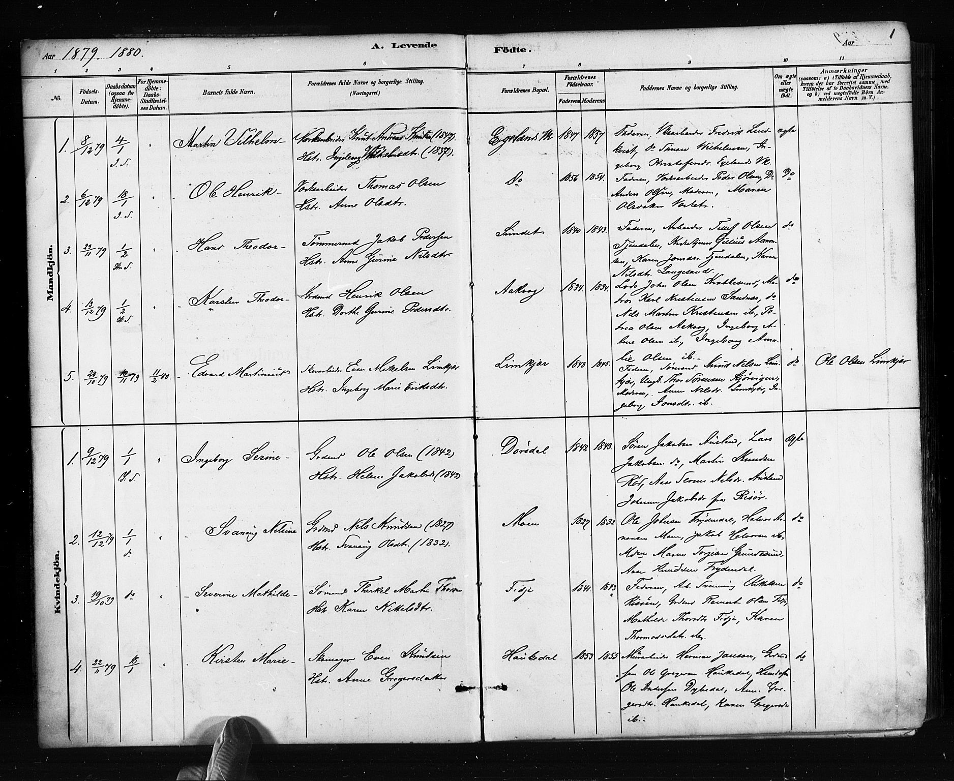 Søndeled sokneprestkontor, AV/SAK-1111-0038/F/Fa/L0004: Parish register (official) no. A 4, 1880-1889, p. 1