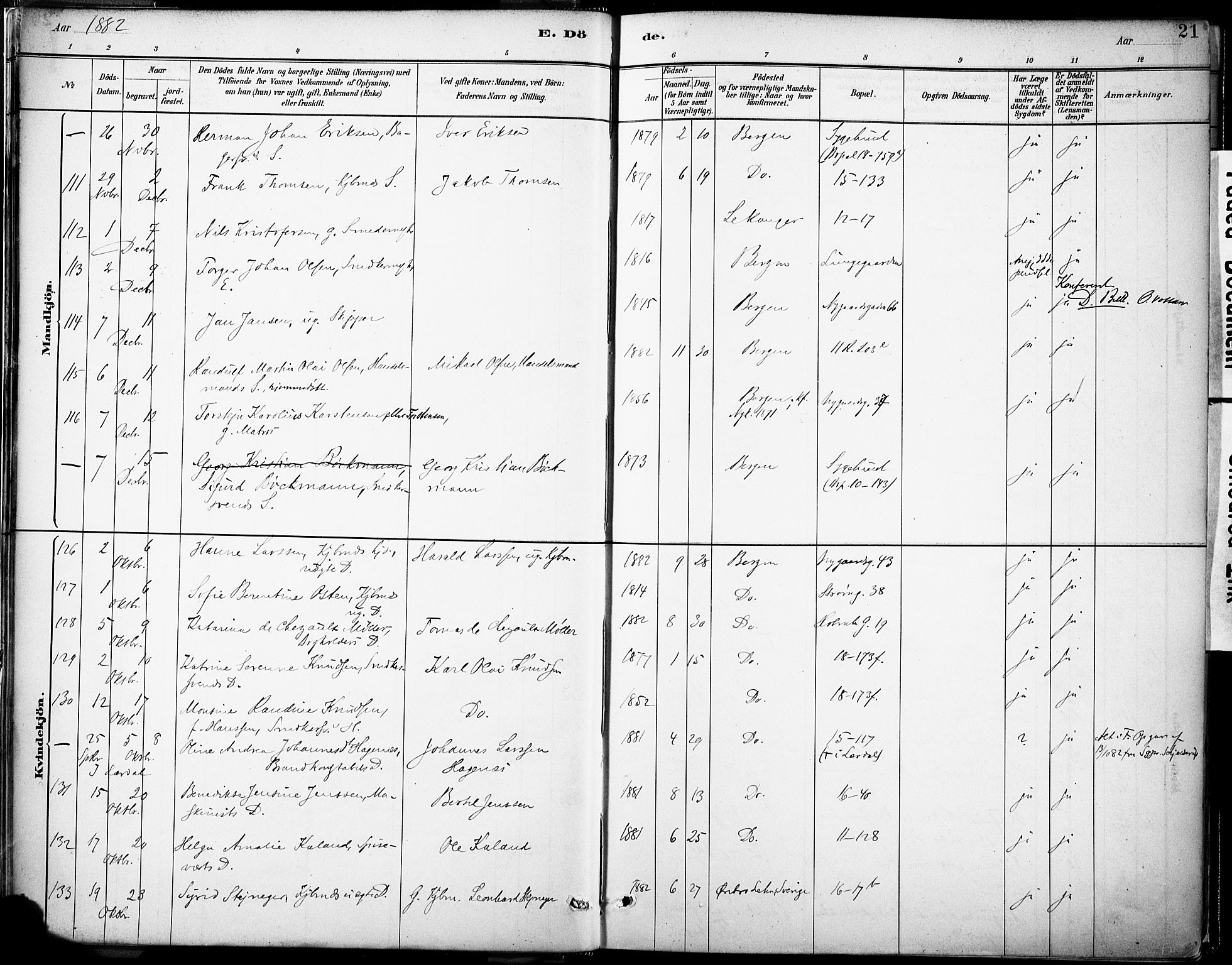 Domkirken sokneprestembete, AV/SAB-A-74801/H/Haa/L0043: Parish register (official) no. E 5, 1882-1904, p. 21