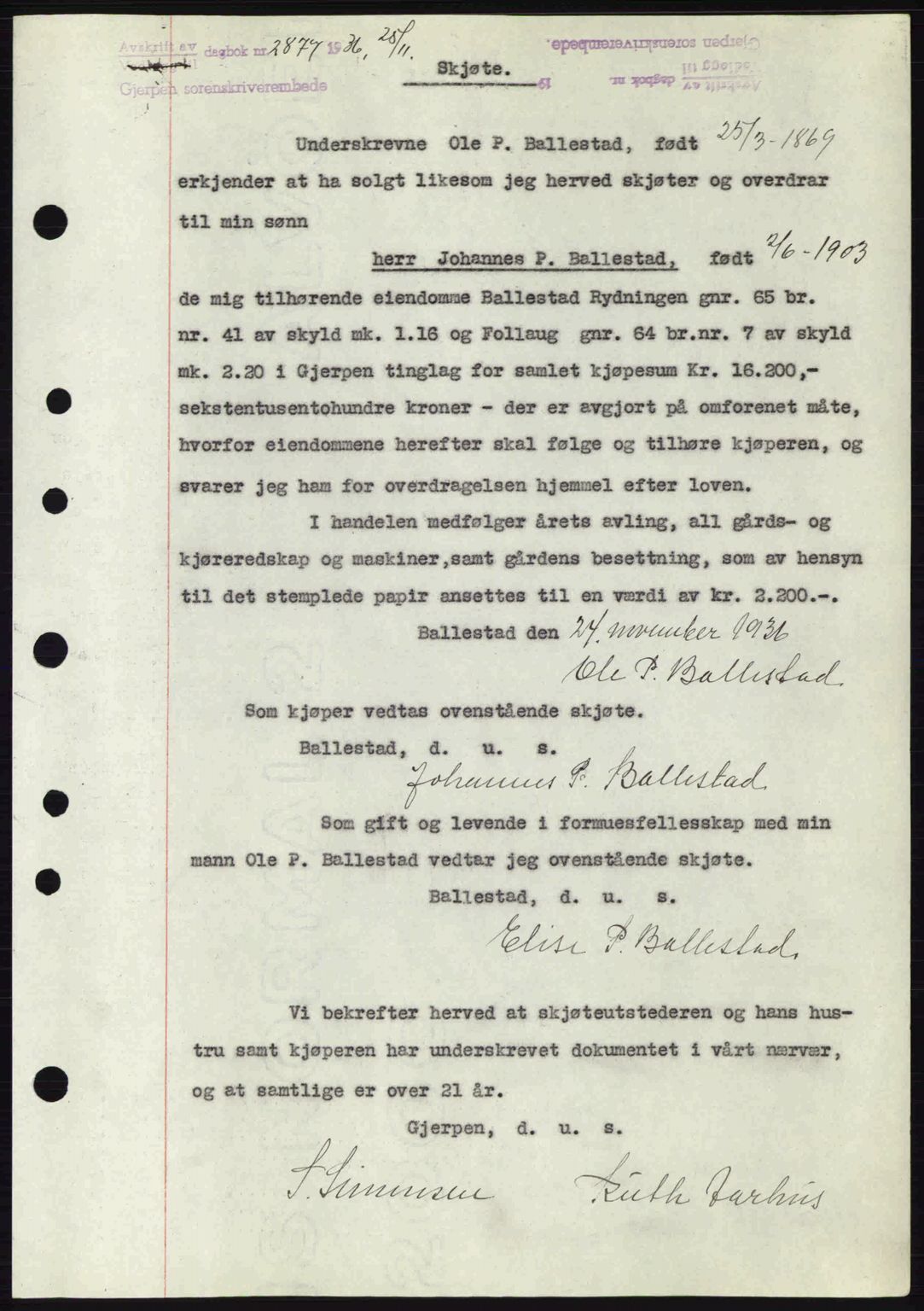 Gjerpen sorenskriveri, SAKO/A-216/G/Ga/Gae/L0067: Mortgage book no. A-66 - A-68, 1936-1937, Diary no: : 2877/1936