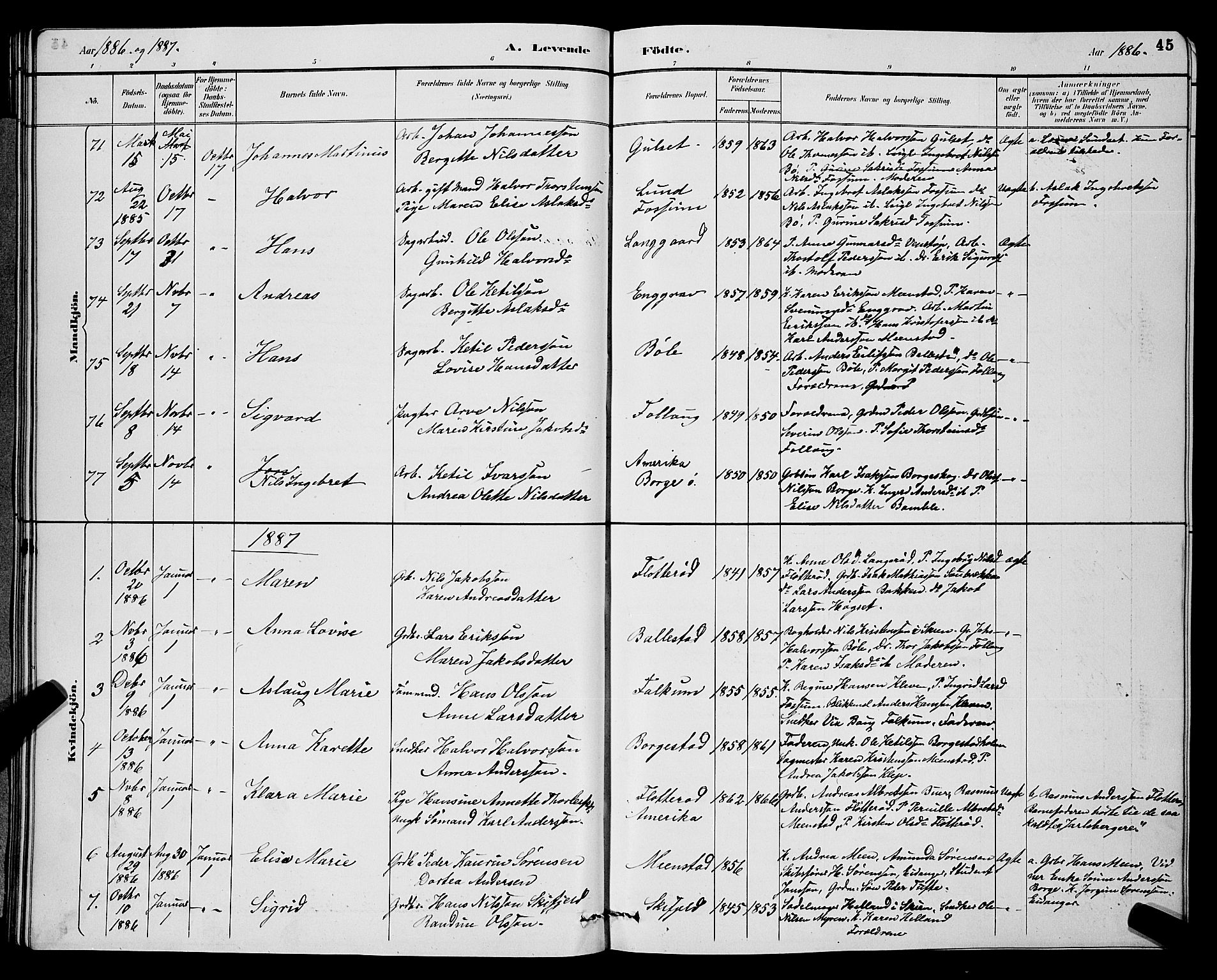 Gjerpen kirkebøker, AV/SAKO-A-265/G/Ga/L0002: Parish register (copy) no. I 2, 1883-1900, p. 45