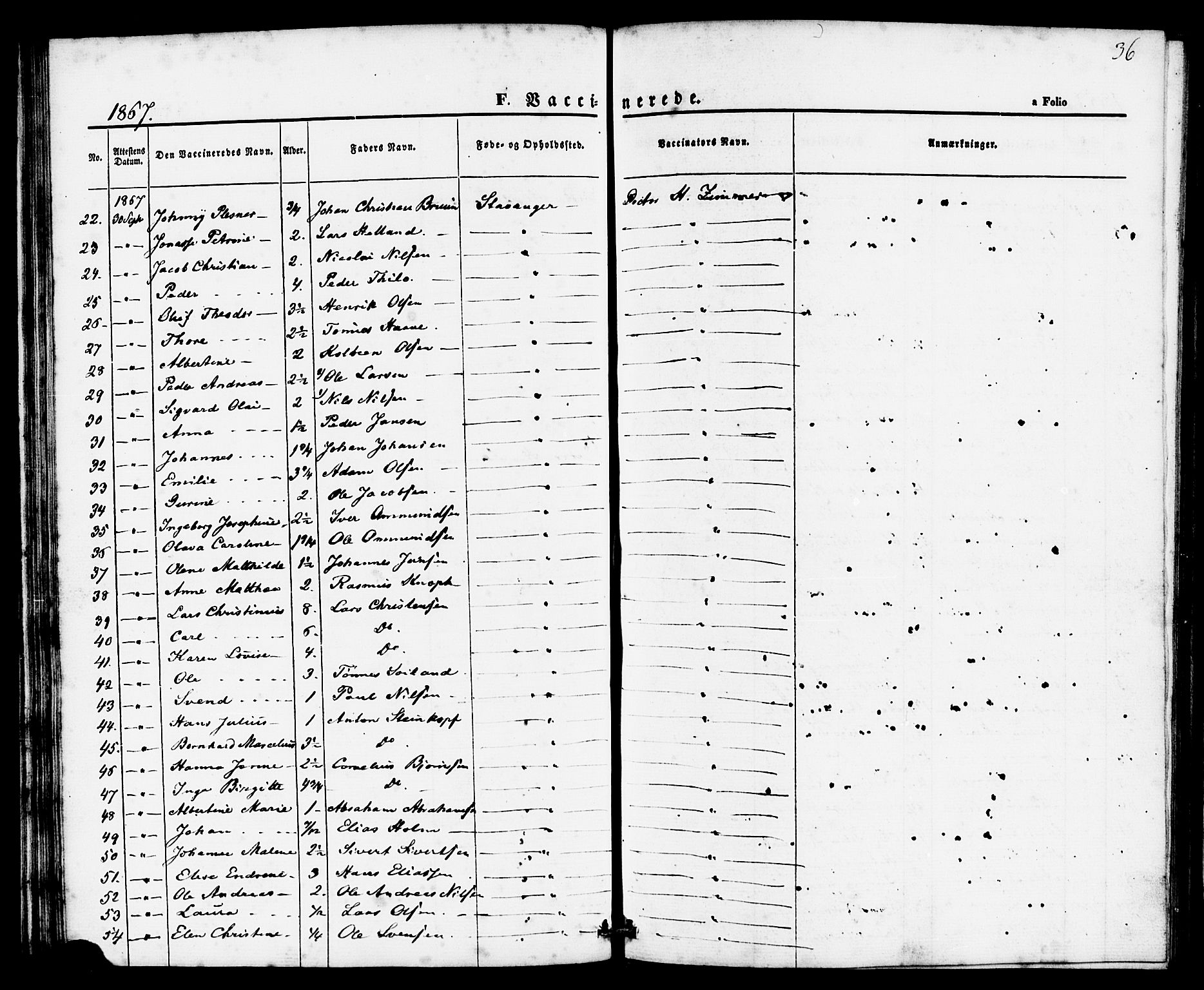 Domkirken sokneprestkontor, SAST/A-101812/001/30/30BE/L0002: Vaccination register no. 2, 1860-1868, p. 36