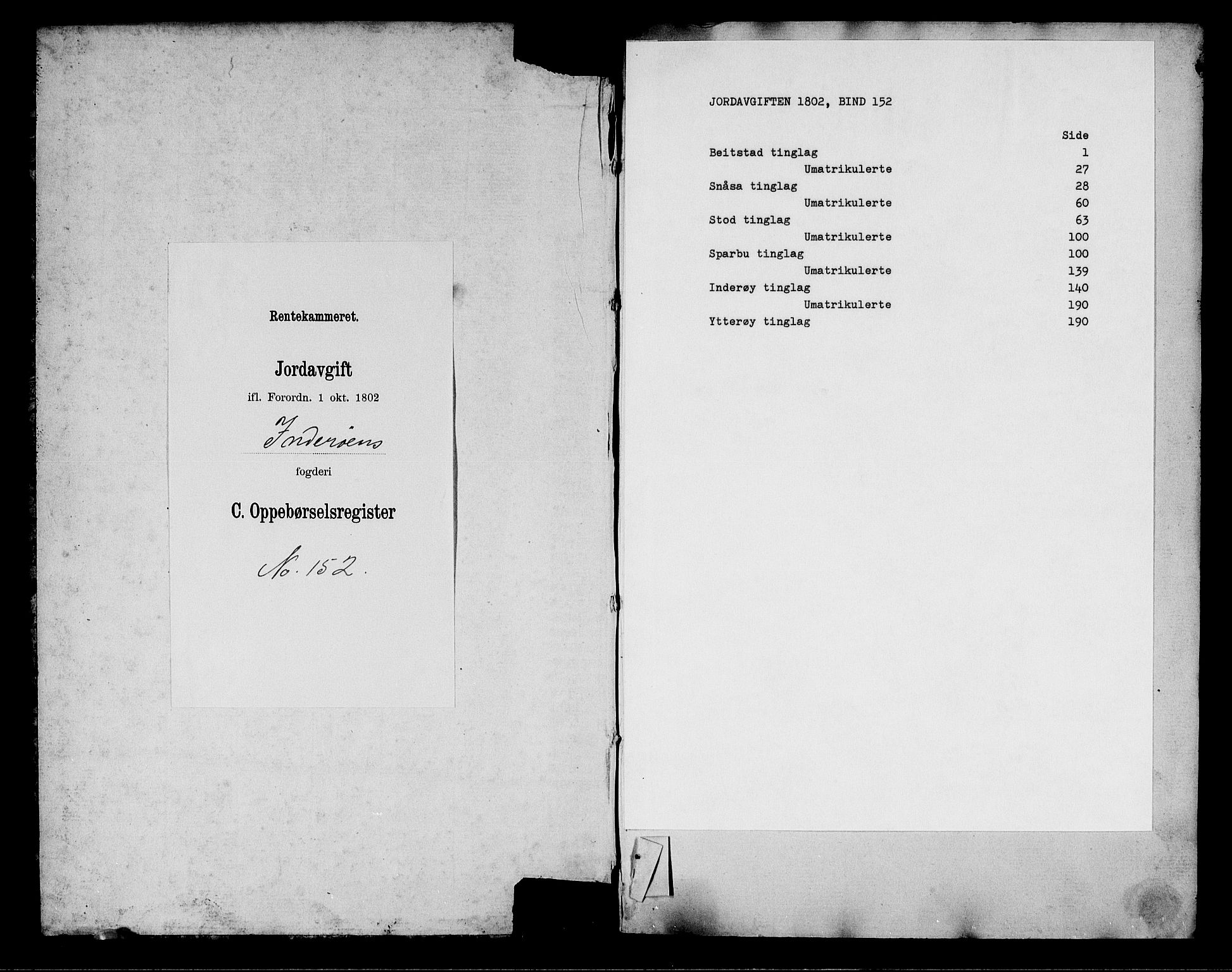 Rentekammeret inntil 1814, Realistisk ordnet avdeling, RA/EA-4070/N/Ne/Nea/L0152: Inderøy fogderi. Oppebørselsregister, 1803-1804, p. 1
