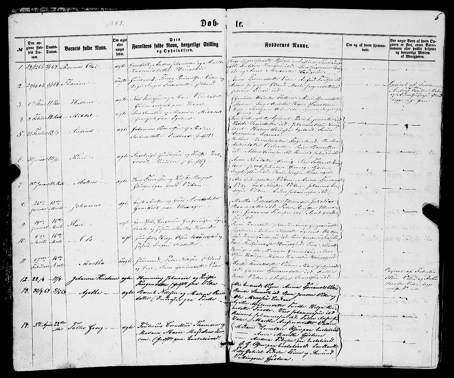 Sveio Sokneprestembete, SAB/A-78501/H/Hab: Parish register (copy) no. B 1, 1864-1886, p. 6