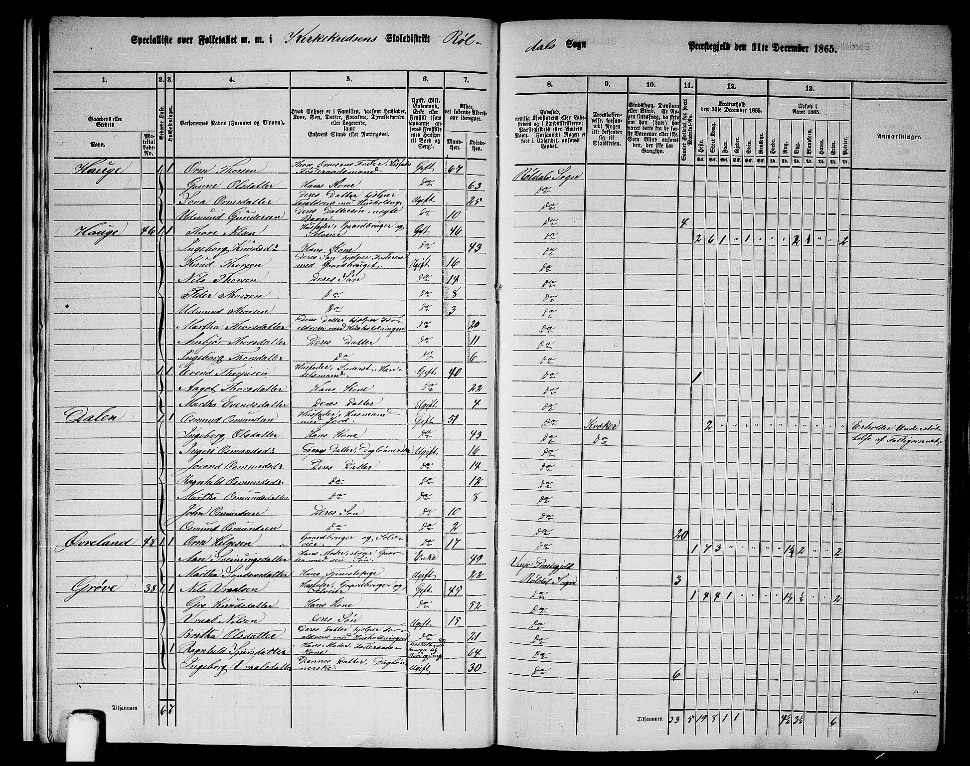 RA, 1865 census for Suldal, 1865, p. 141