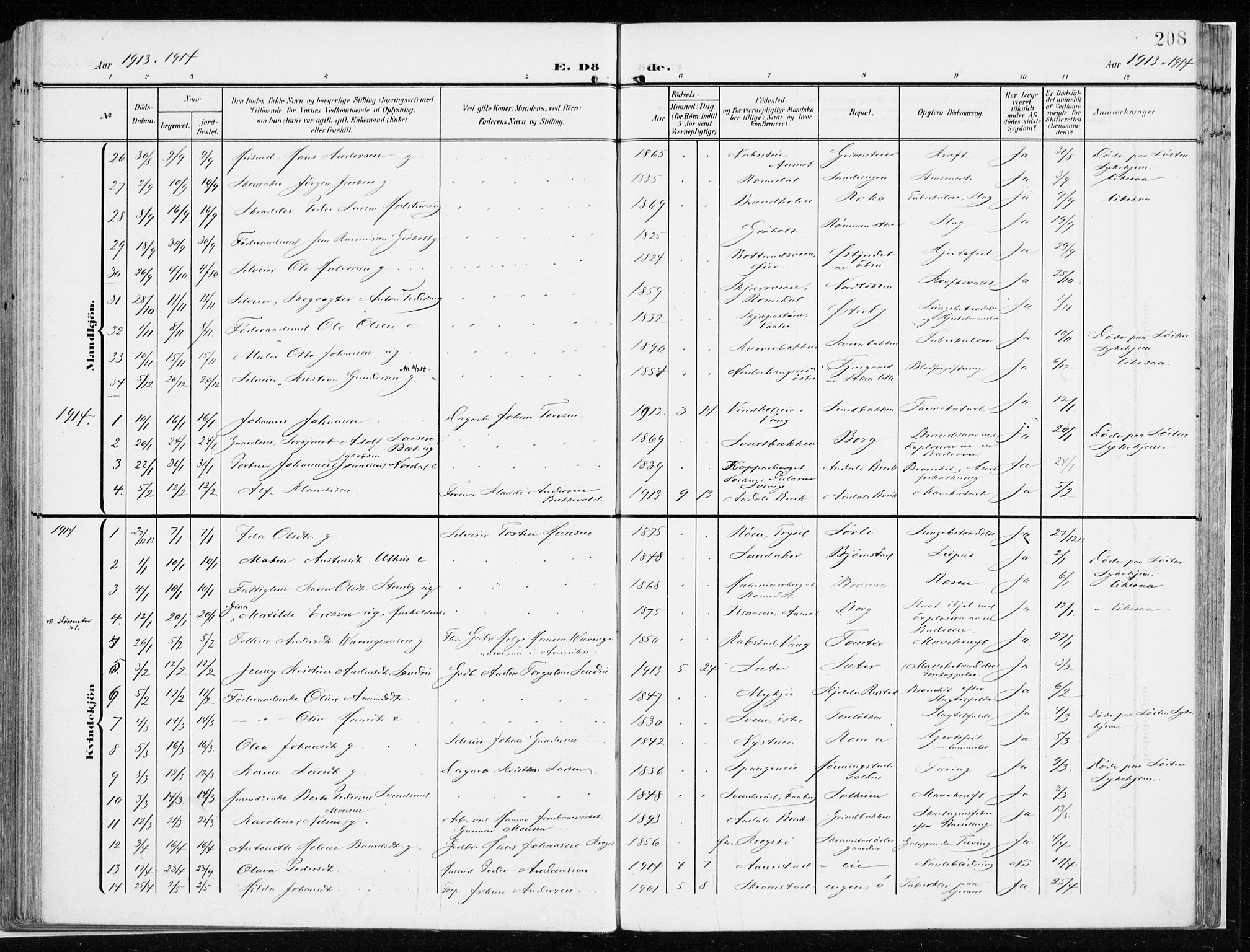 Løten prestekontor, SAH/PREST-022/K/Ka/L0011: Parish register (official) no. 11, 1908-1917, p. 208