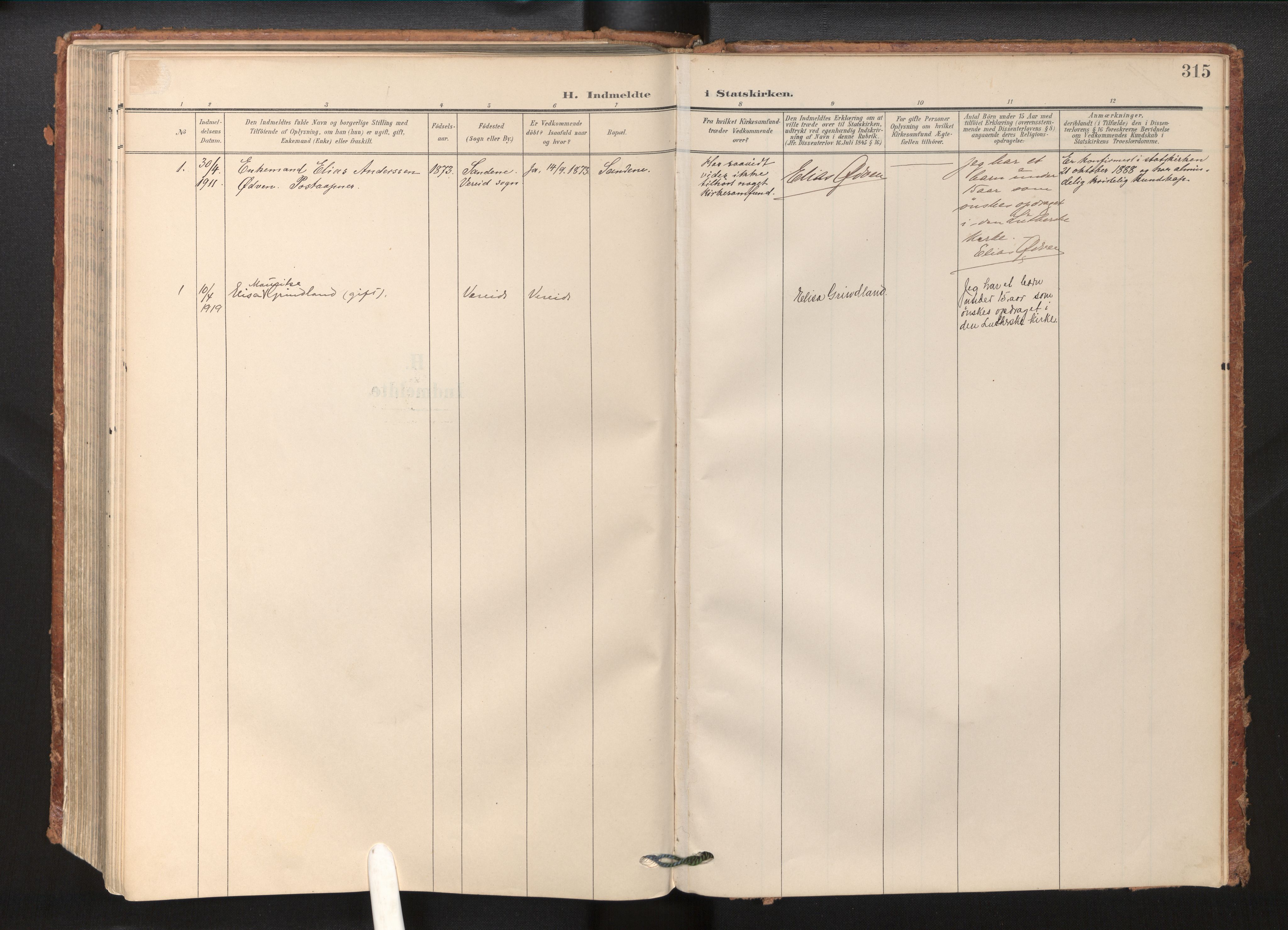 Gloppen sokneprestembete, SAB/A-80101/H/Haa/Haab/L0002: Parish register (official) no. B 2, 1906-1932, p. 314b-315a