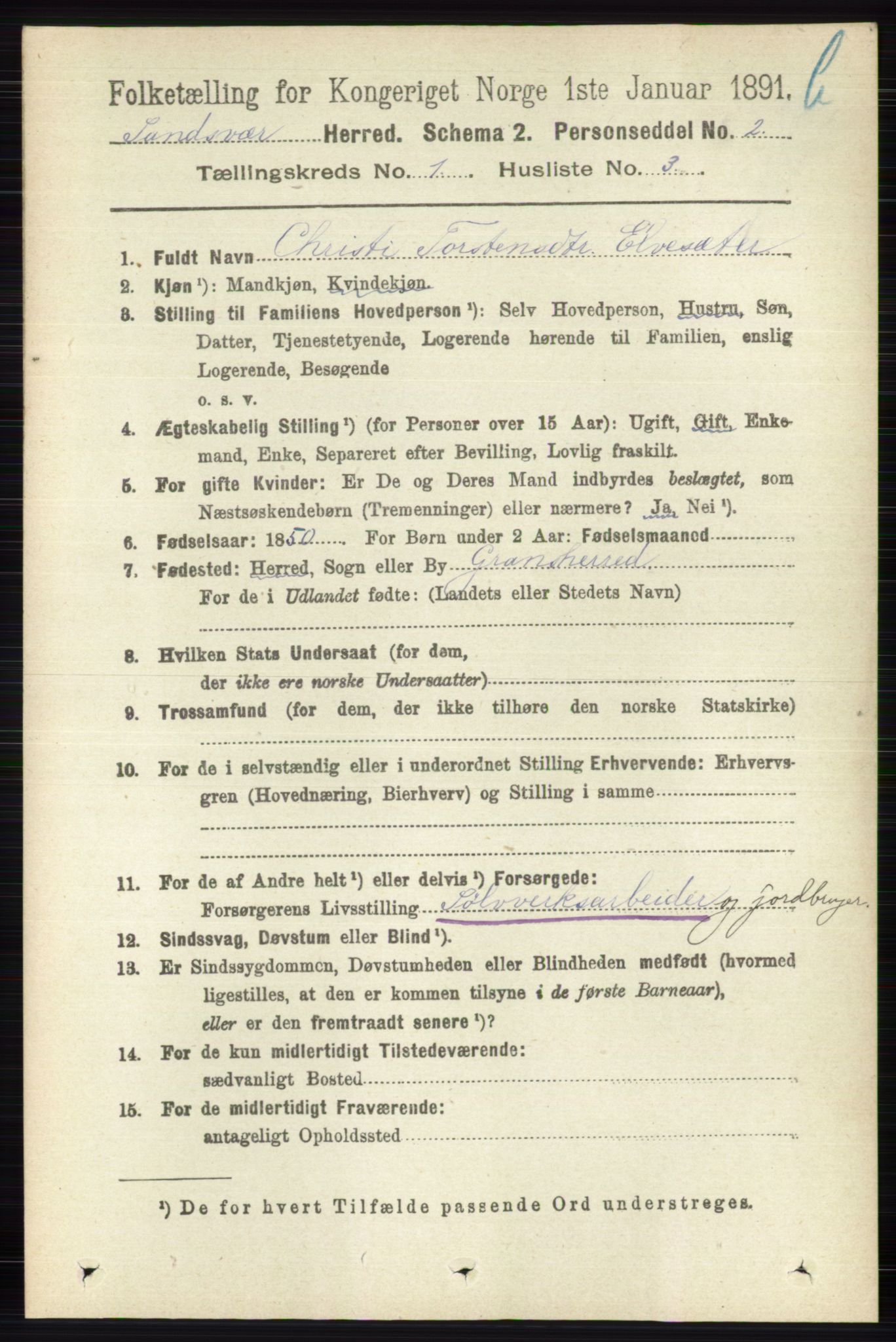 RA, 1891 census for 0629 Sandsvær, 1891, p. 5566