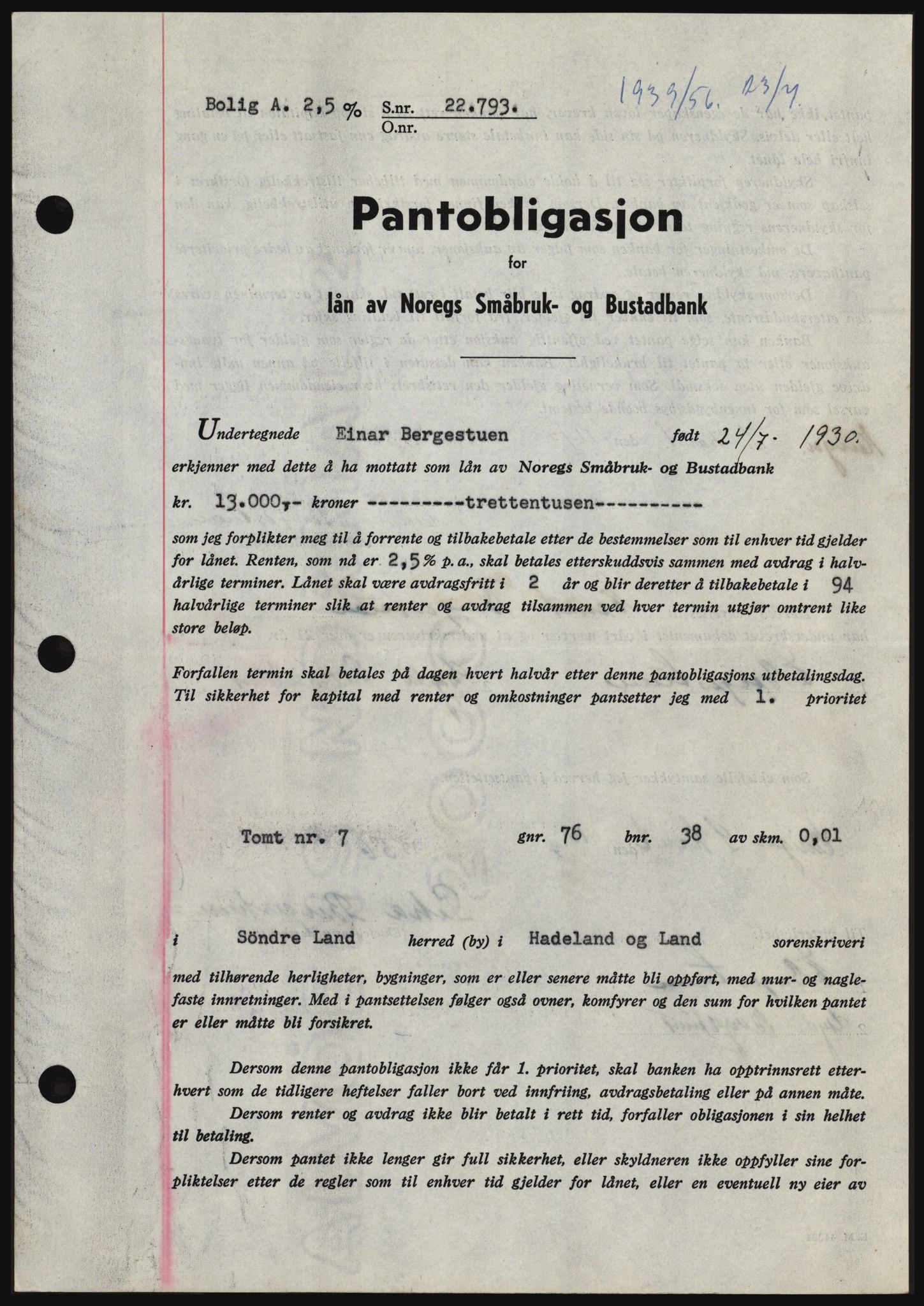 Hadeland og Land tingrett, AV/SAH-TING-010/H/Hb/Hbc/L0034: Mortgage book no. B34, 1956-1956, Diary no: : 1939/1956