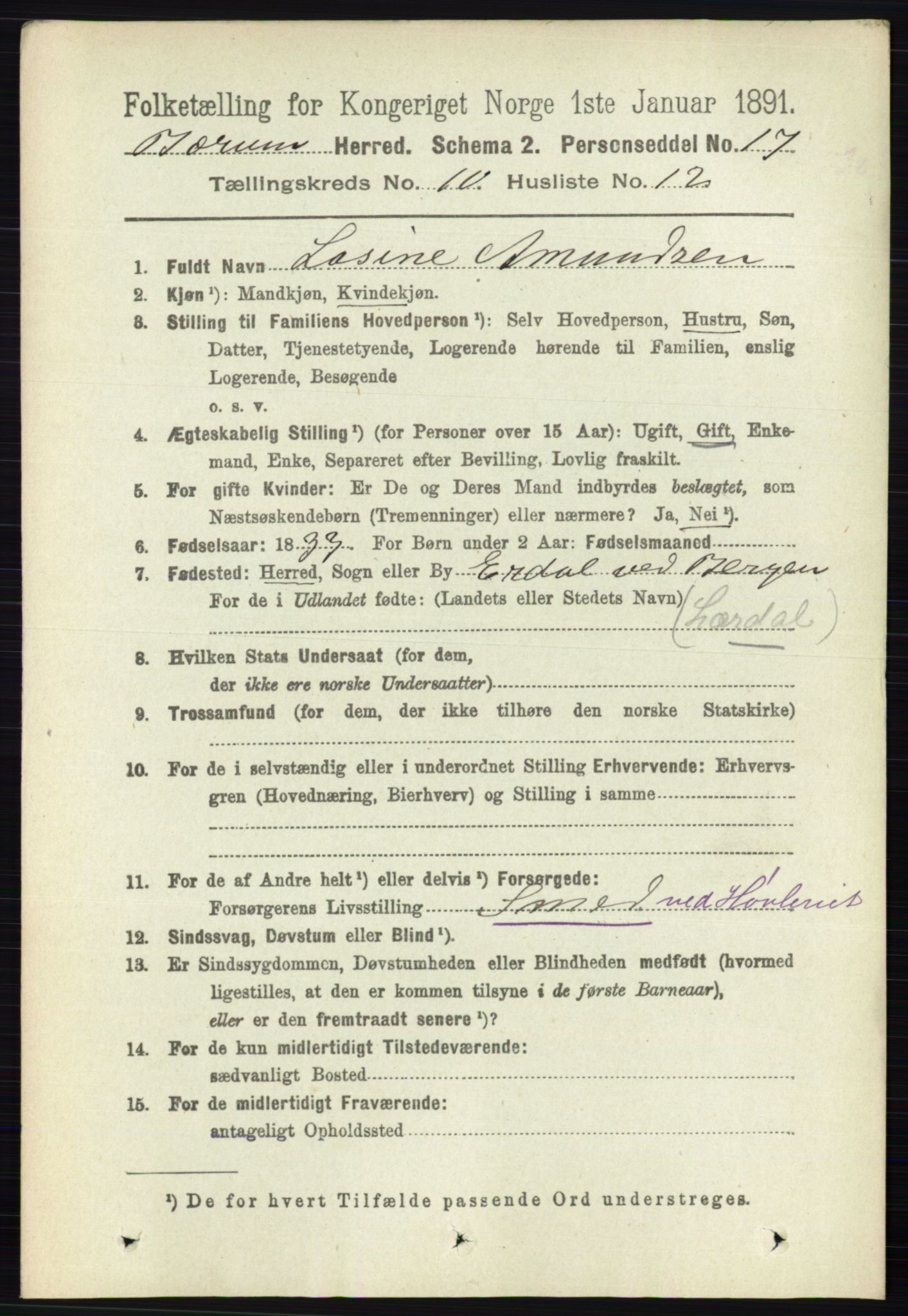 RA, 1891 census for 0219 Bærum, 1891, p. 6526