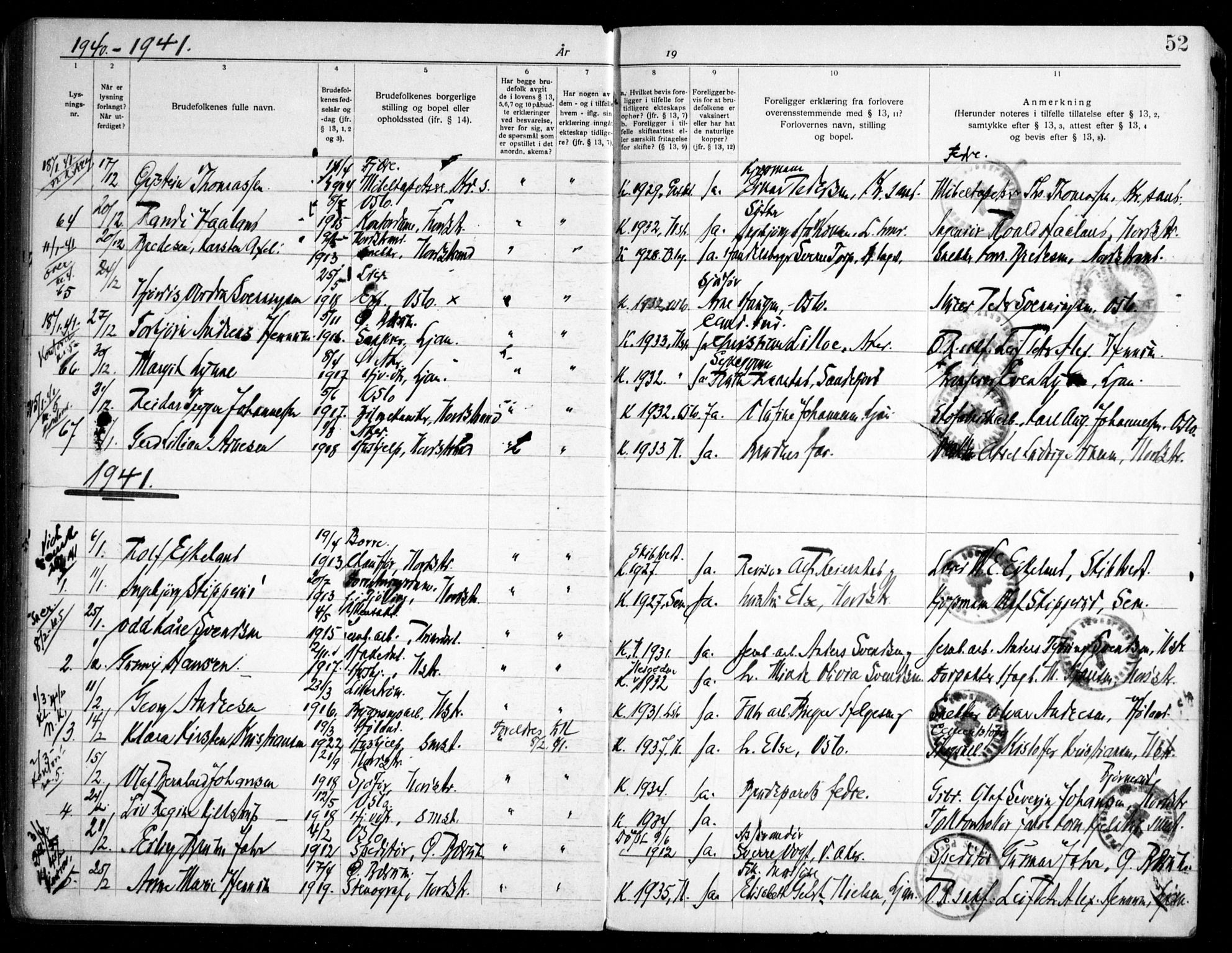 Nordstrand prestekontor Kirkebøker, SAO/A-10362a/H/Ha/L0002: Banns register no. 2, 1935-1950, p. 52