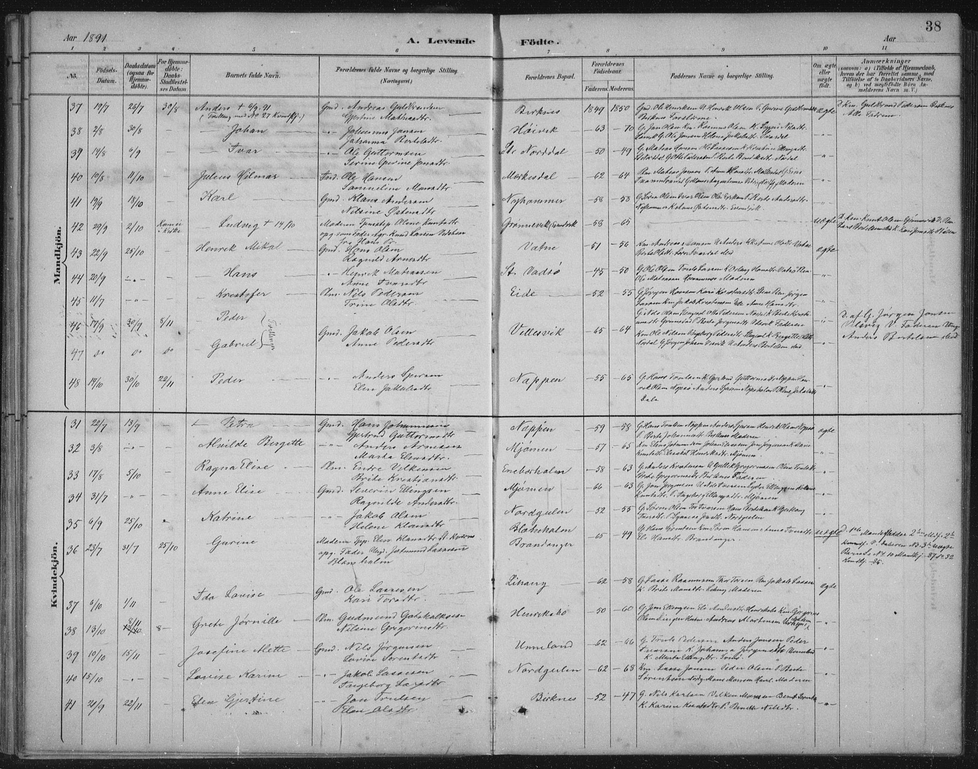 Gulen sokneprestembete, SAB/A-80201/H/Hab/Habb/L0003: Parish register (copy) no. B 3, 1884-1907, p. 38