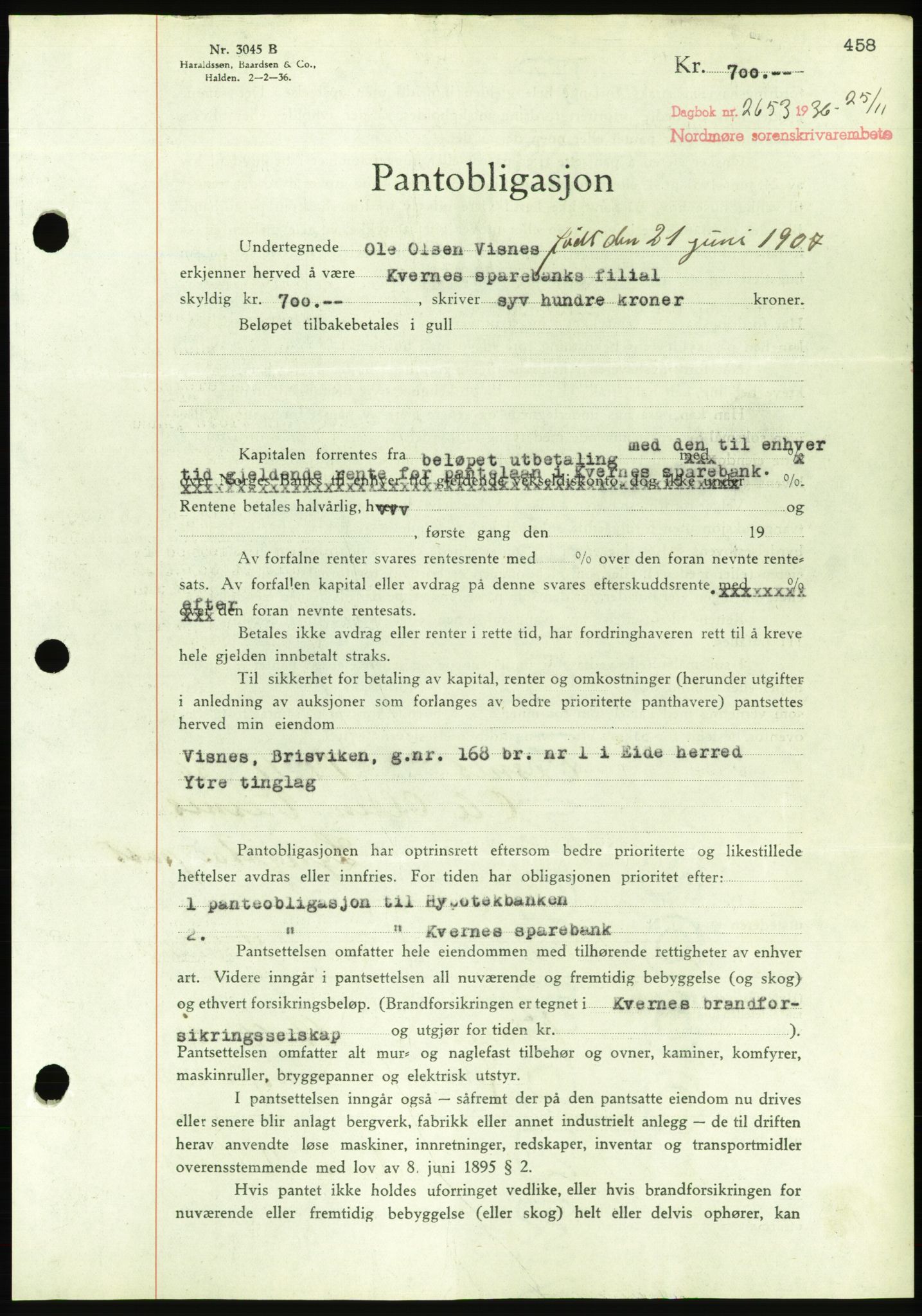 Nordmøre sorenskriveri, AV/SAT-A-4132/1/2/2Ca/L0090: Mortgage book no. B80, 1936-1937, Diary no: : 2653/1936