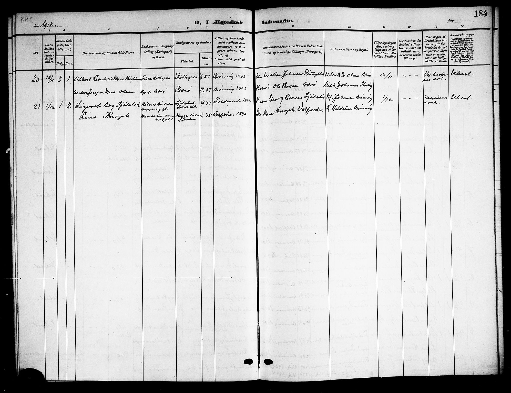 Ministerialprotokoller, klokkerbøker og fødselsregistre - Nordland, AV/SAT-A-1459/813/L0214: Parish register (copy) no. 813C06, 1904-1917, p. 184