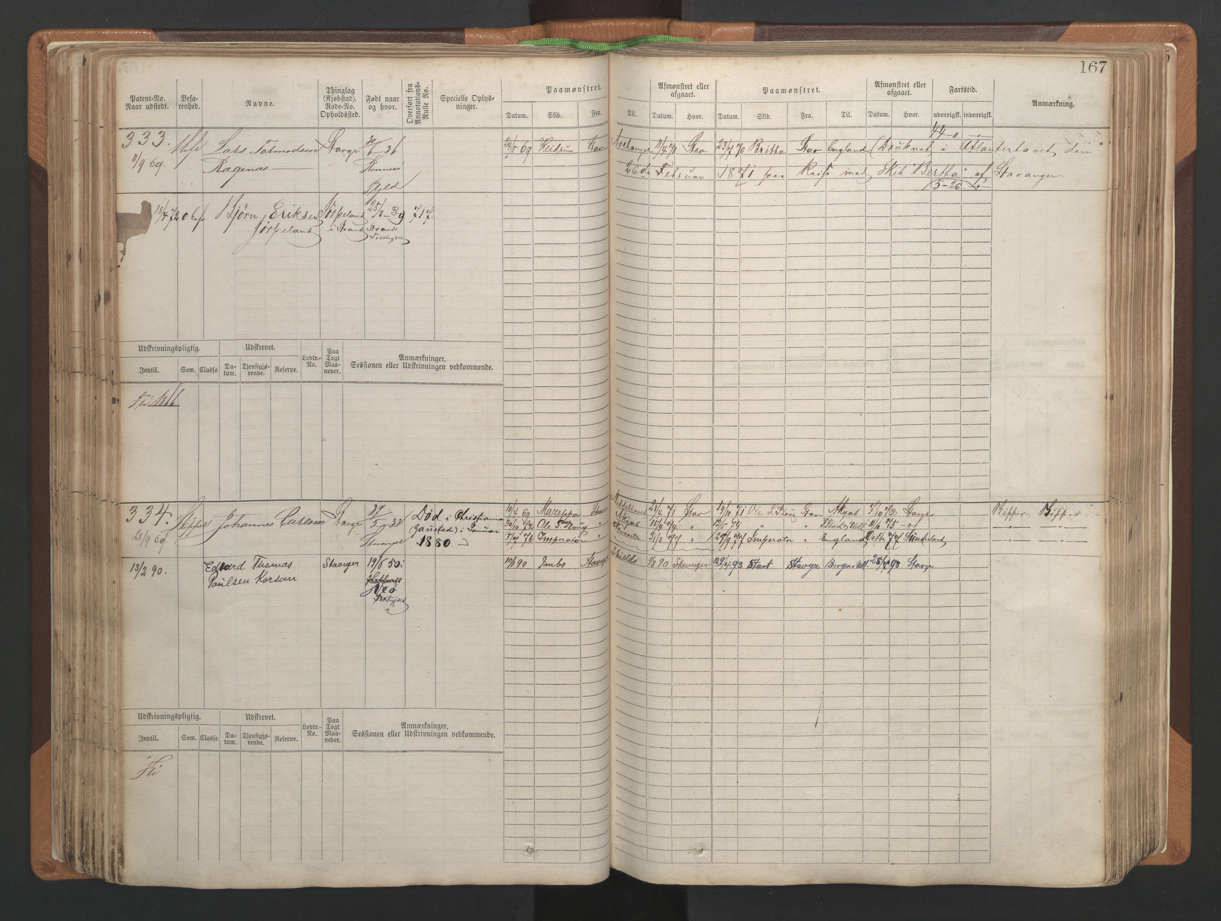 Stavanger sjømannskontor, AV/SAST-A-102006/F/Fb/Fbb/L0004: Sjøfartshovedrulle, patentnr. 1-792 (del 1), 1869-1880, p. 171