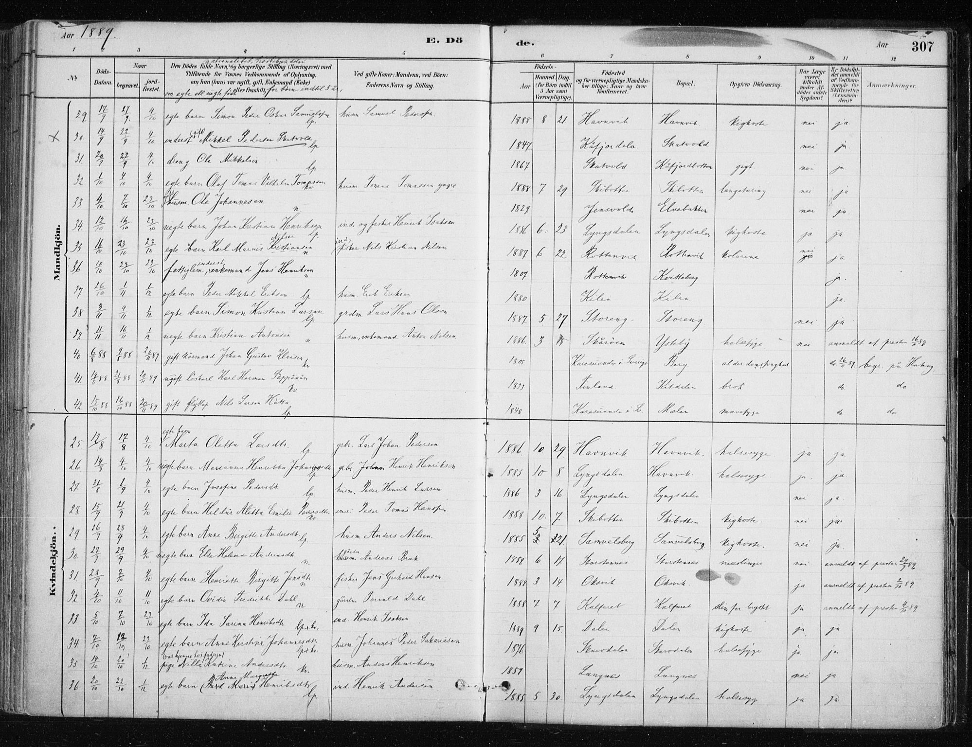 Lyngen sokneprestembete, AV/SATØ-S-1289/H/He/Hea/L0007kirke: Parish register (official) no. 7, 1879-1890, p. 307