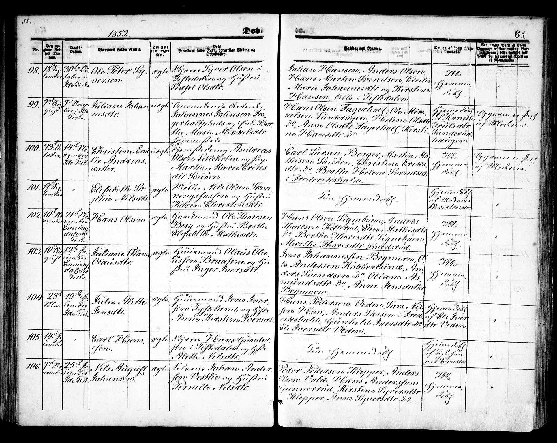 Idd prestekontor Kirkebøker, AV/SAO-A-10911/F/Fc/L0004a: Parish register (official) no. III 4A, 1848-1860, p. 61