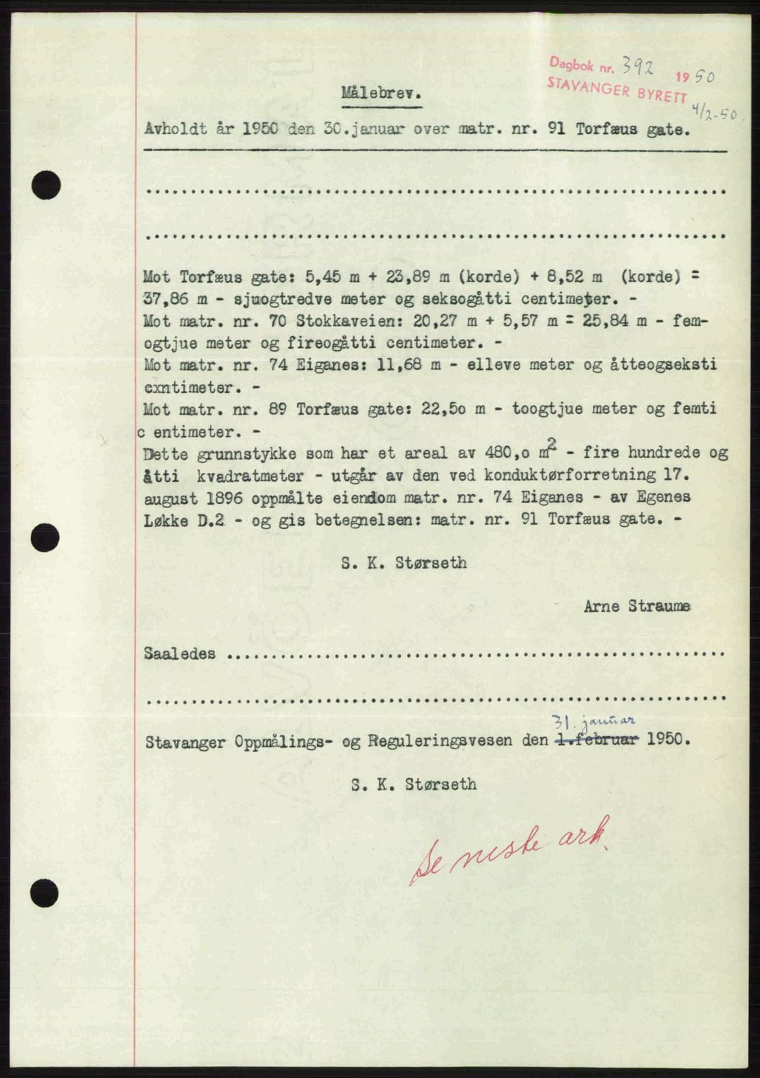 Stavanger byrett, SAST/A-100455/002/G/Gb/L0024: Mortgage book no. A13, 1949-1950, Diary no: : 392/1950