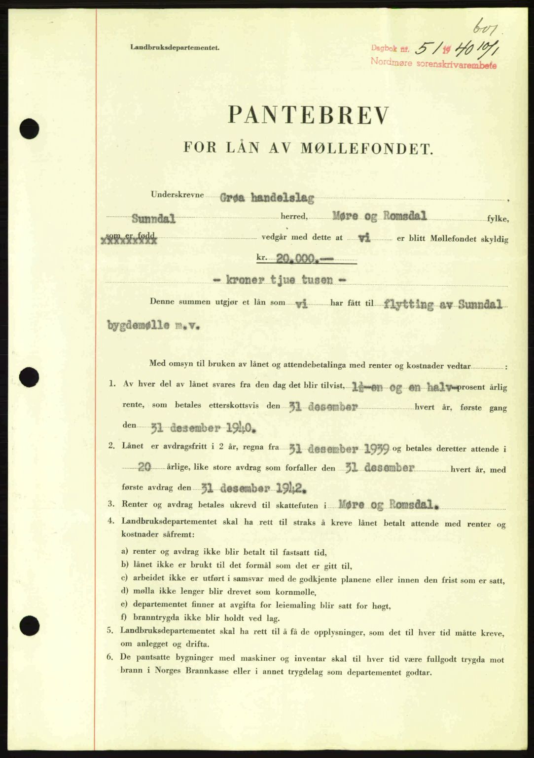 Nordmøre sorenskriveri, AV/SAT-A-4132/1/2/2Ca: Mortgage book no. B86, 1939-1940, Diary no: : 51/1940