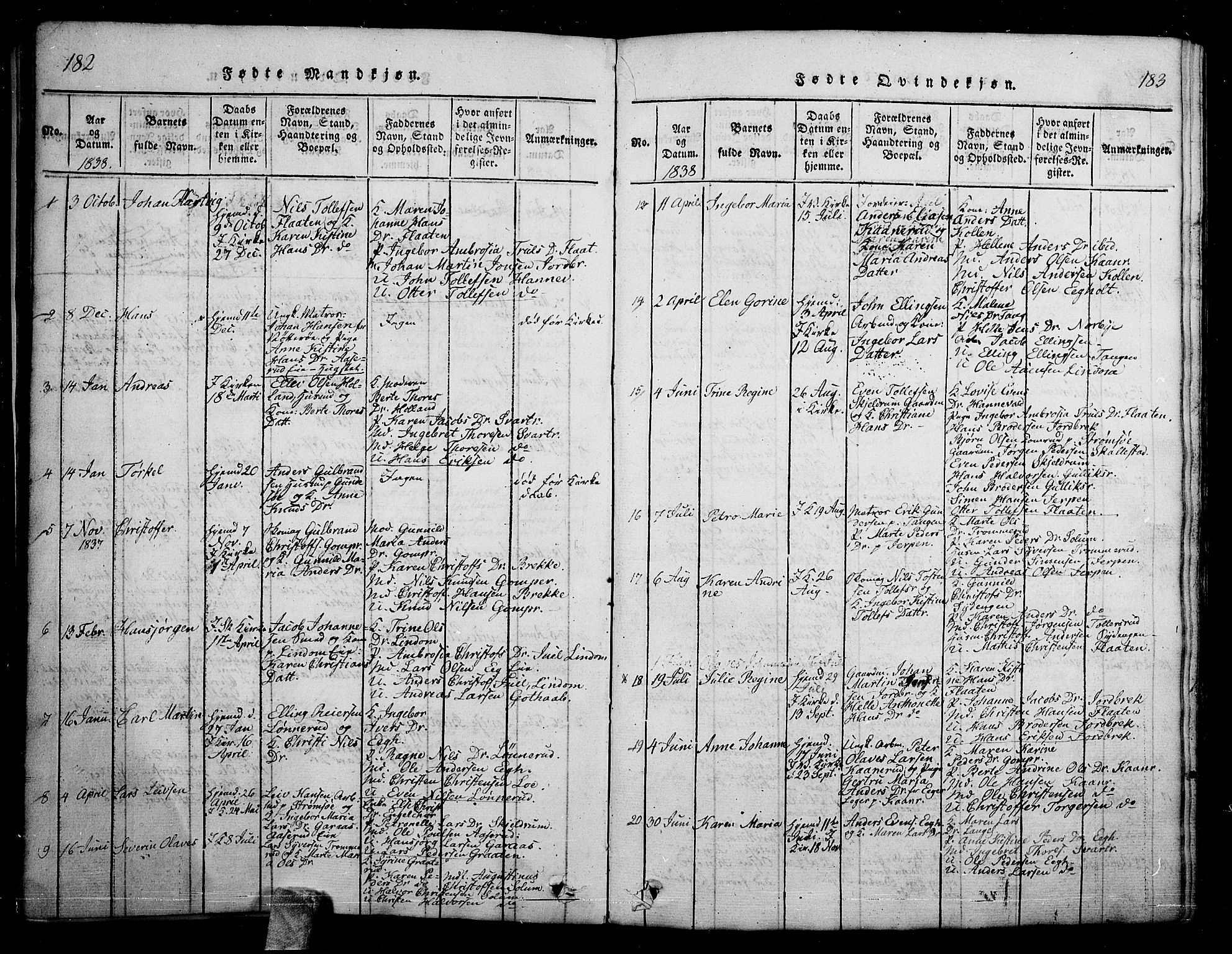 Skoger kirkebøker, SAKO/A-59/G/Ga/L0001: Parish register (copy) no. I 1, 1814-1845, p. 182-183