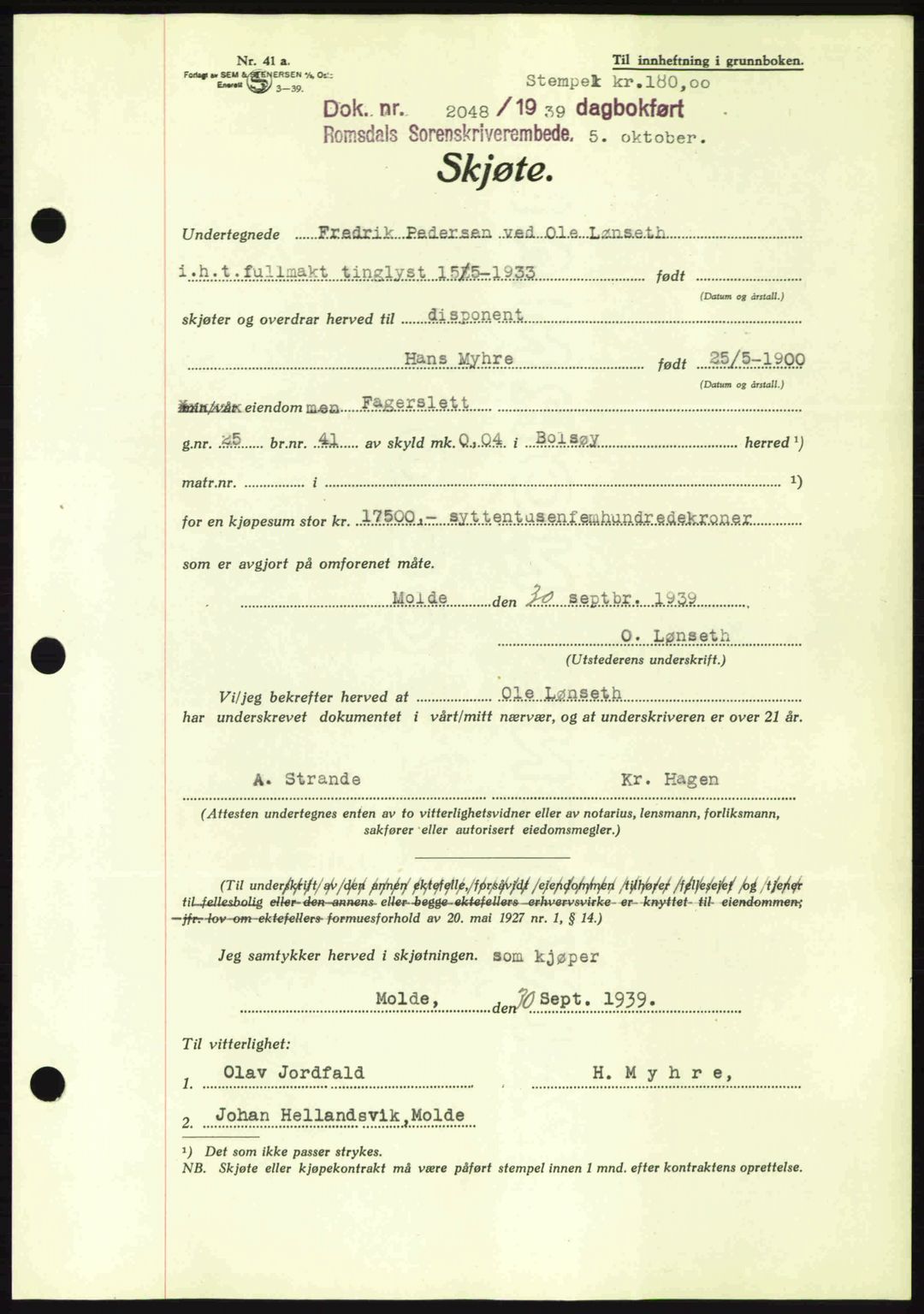 Romsdal sorenskriveri, AV/SAT-A-4149/1/2/2C: Mortgage book no. A7, 1939-1939, Diary no: : 2048/1939